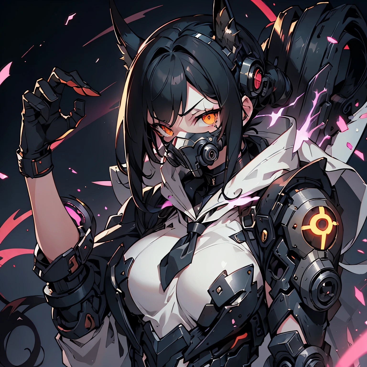 masterpiece、highest quality、high resolution、dark fantasy、brutal background、tailが生えた少女(high school student、Sailor's uniform、cyborg)、{{{tailが生えている(From the waist、Mechanical、giant weapon、Animalな、Hook claws、ferocious look)}}}、Wearing a cyberpunk mask(Mechanical mask、gas mask、cover your nose、tooth、Animal)、golden eyes(Luminescence 0.5、Afterglow、lightning)、battle action pose、tail、