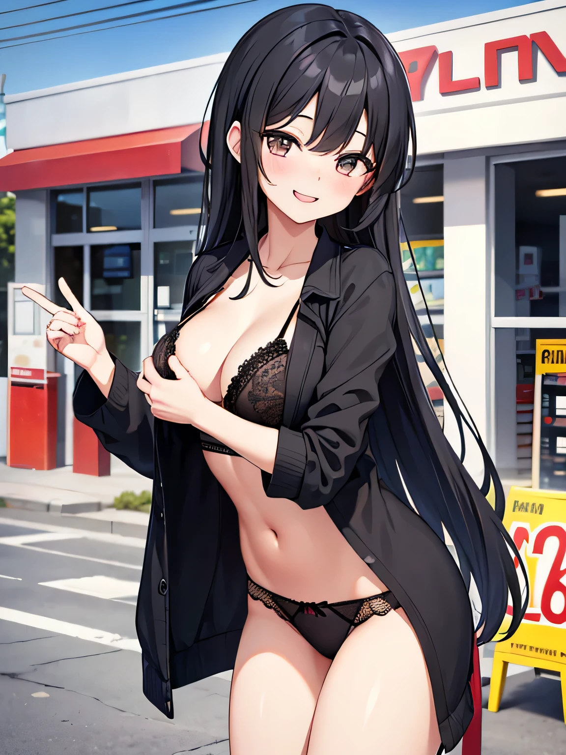 (1) A woman stands wearing a black lace bra and panties。.
(2) she has long black hair.
(3) her face is smiling and laughing.
(4) The location is a convenience store parking lot..