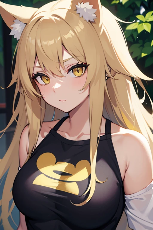 haze,t-shirt,  animal ears, yellow eyes, nose piercing, Casual Wear, portrait, amazing, hair past shoulders, hoodless, beautiful, 4K