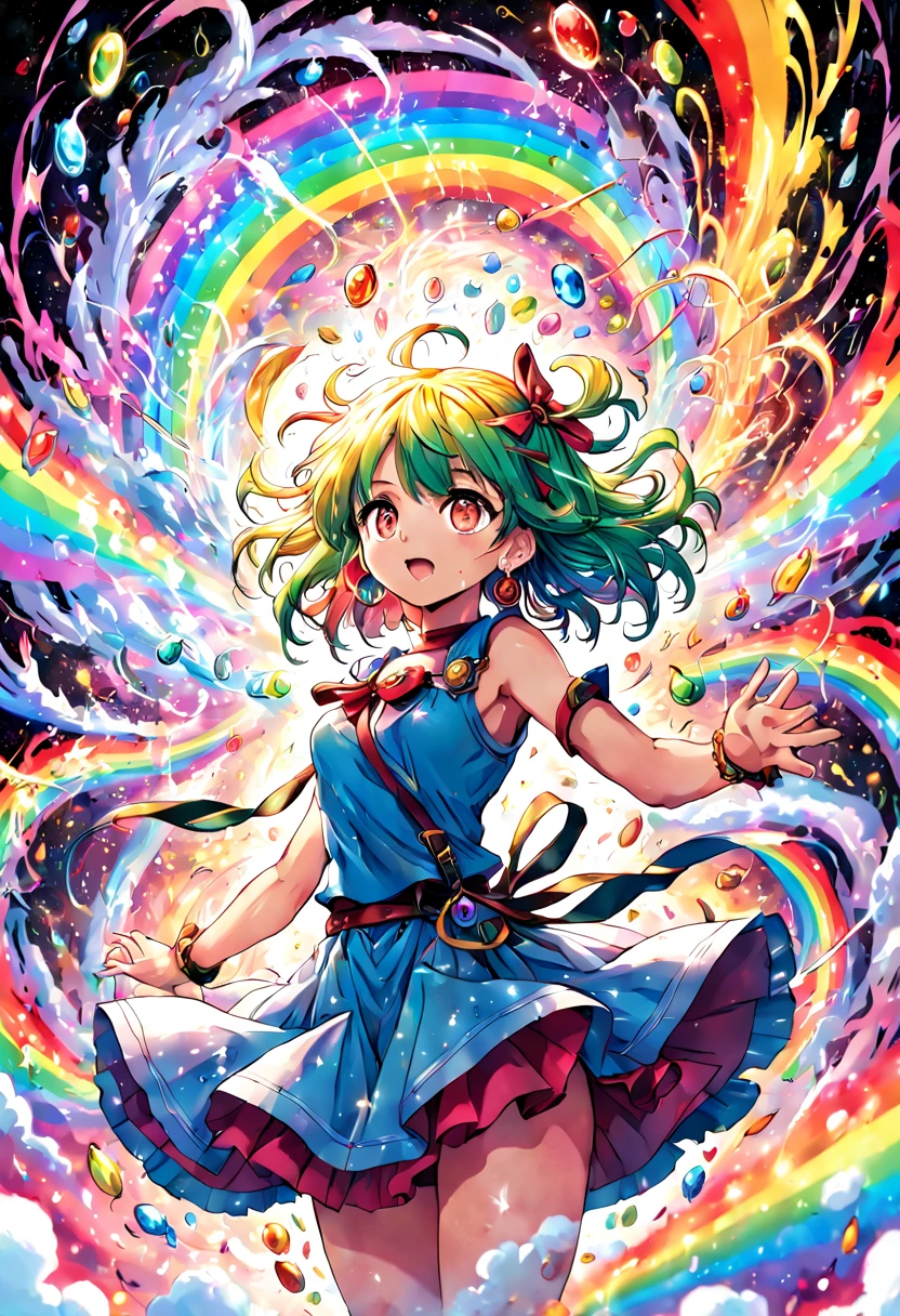 1girl, A magical girl standing victorious over a defeated fantastical enemy, surrounded by a rainbow of magical energies swirling around her in rich varied colors. Dynamic, brightly lit manga panel artwork, (masterpiece), (best quality), (ultra-detailed), illustration, disheveled hair, perfect composition, moist skin, intricate details, earrings