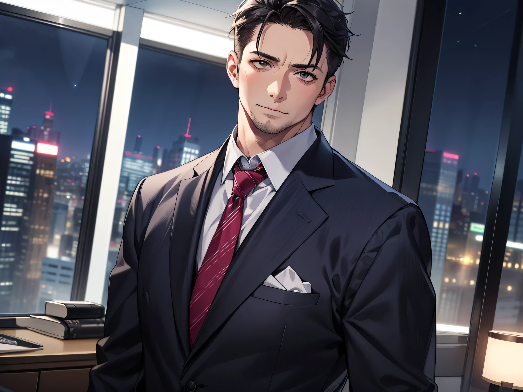 ビューアーにカベドン,((close up)),dramatic angle,masterpiece,(middle aged male),((おじさん)),((40-year-old)),しわ,upper body shot, business Suit,tie,1 guy, solo,Black top, short hair,looking at viewer,office,(night)