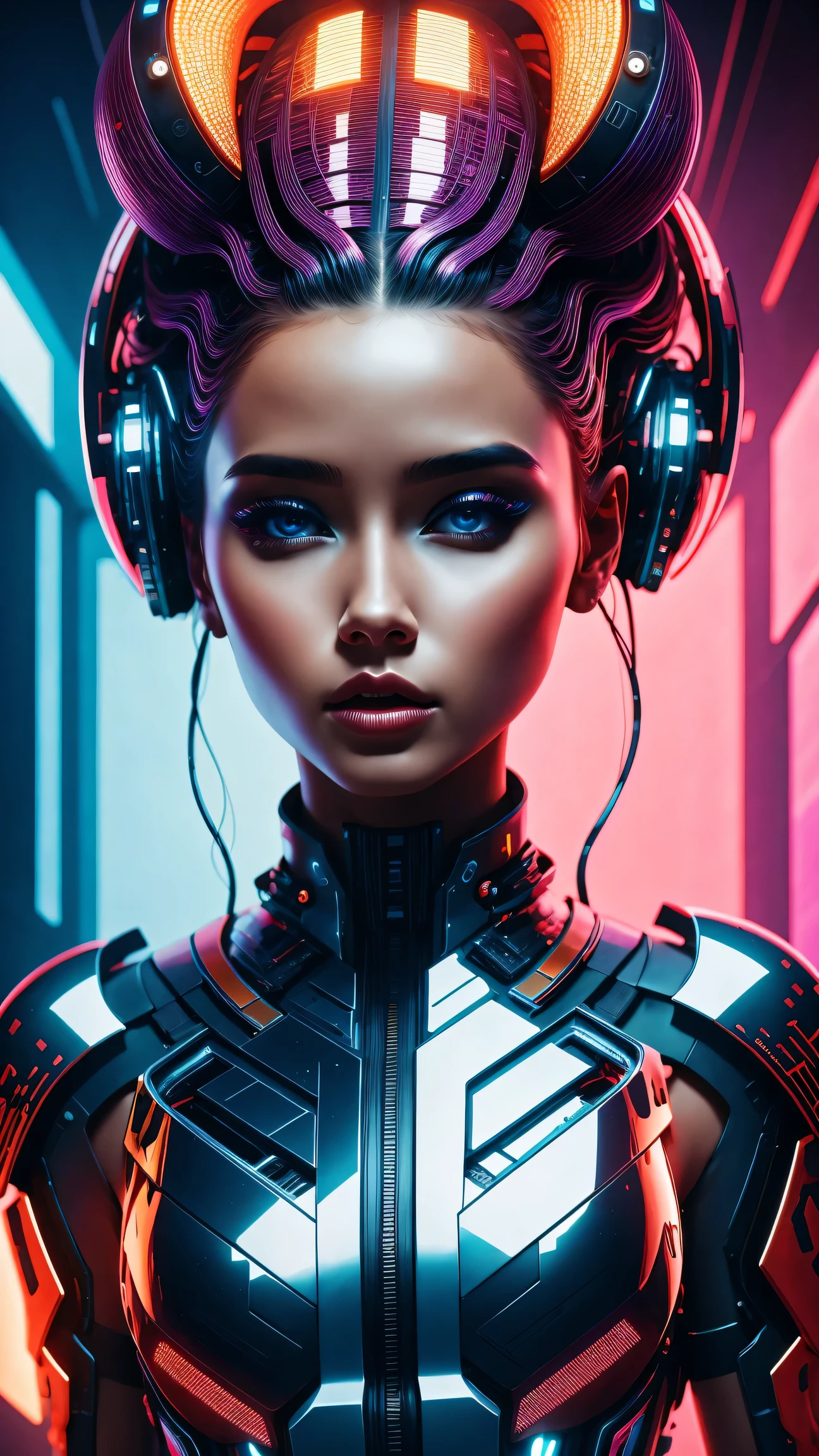 futuristic art girl, (best quality, high resolution, human development report), detailed facial features, intricate hairstyle, Metallic, Shiny surface, dynamic poses, bright colors, Surreal lighting, abstract perspective, (cyberpunk, concept art)