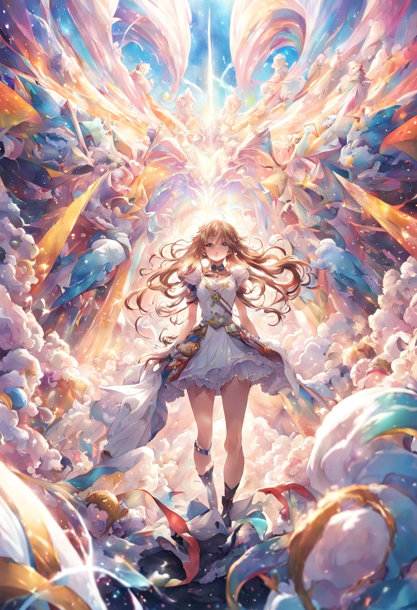1girl, Digital illustration, Magical Girl in a Surreal Landscape, vibrant anime and fantasy art styles inspired by CLAMP and P.A. Works, the magical girl (hovers above a field of flowers, her flowing dress and long hair illuminated by a soft glow as sparkling petals swirl around her), shot on a high resolution digital camera with a 35mm lens from a three-quarter front view, rendered in crisp detail with atmospheric lighting effects, (masterpiece), (best quality), (ultra-detailed), illustration, disheveled hair, perfect composition, moist skin, intricate details, earrings