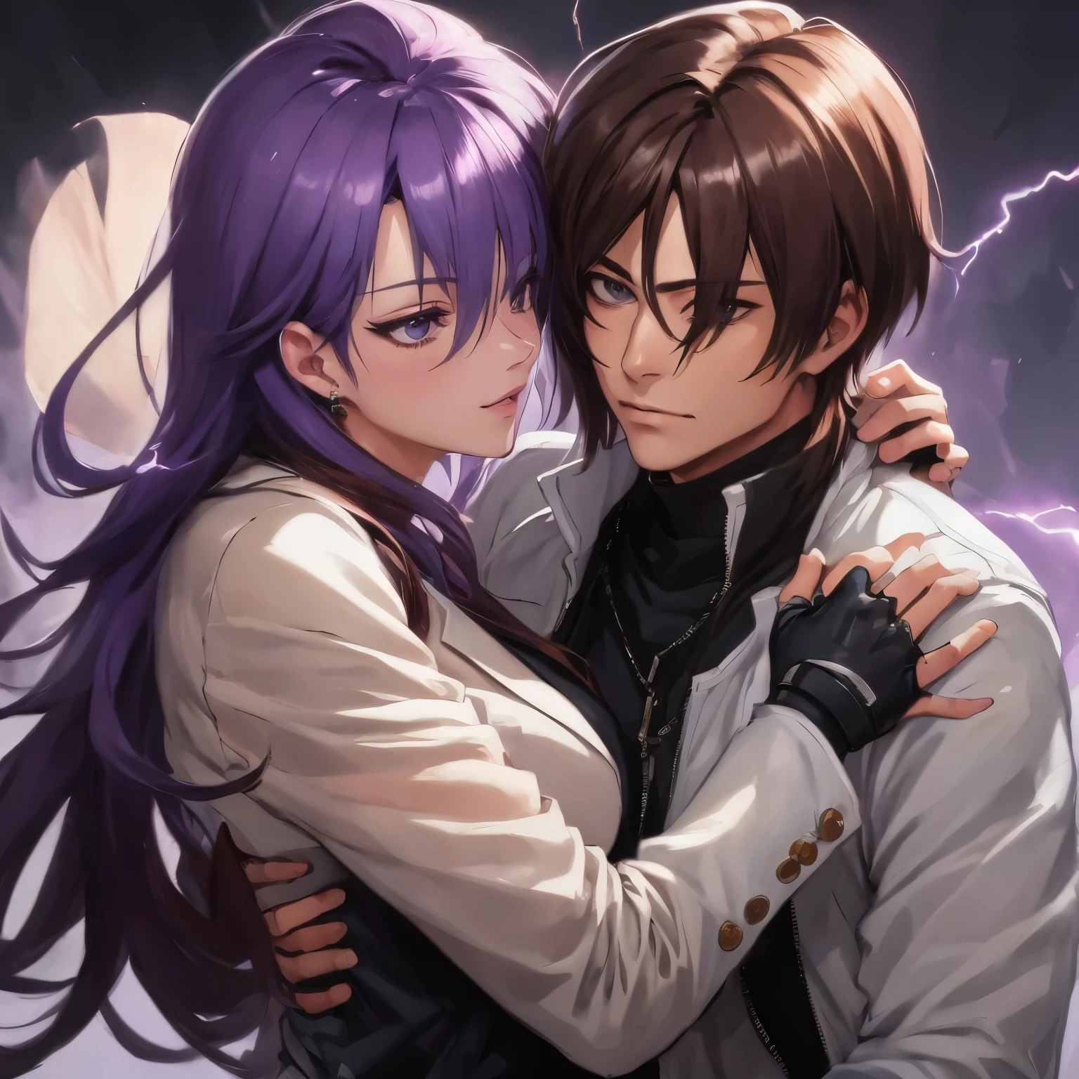 Kusanagi Kyo hugging Athena Asamyia,he is a Man,she is a Girl,white jacket, fingerless gloves, Kusanagi Kyo KoF 2002, Kusanagi Kyo have manly face, illustration,oil painting,(best quality,4k,8k,highres,masterpiece:1.2),ultra-detailed,realistic,long hair flowing,beautiful detailed eyes,gentle smile,blooming flowers,fine textures,soft sunlight,vibrant colors,subtle shadows,expressive emotions,romantic atmosphere, casal de anime se abraçando na frente de uma tempestade com raios, Sakimichan e Frank Franzzeta, gama murata e artgerm, anime foda 8k, Wlop e Sakimichan, frank franzzeta e sakimichan, Masayoshi Suto e Artgerm, artgerm e genzoman, Athena Asamyia have cute face, Athena Asamyia have ultra detailed face,