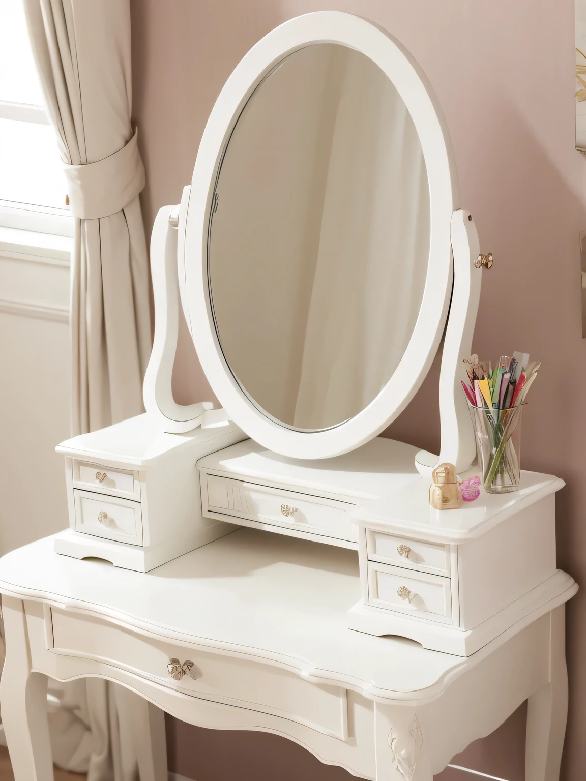 Close-up detail of dressing table in mirror in room