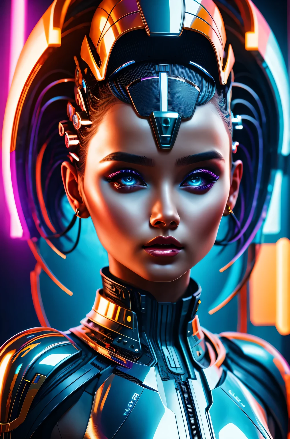 futuristic art girl, (best quality, high resolution, human development report), detailed facial features, intricate hairstyle, Metallic, Shiny surface, dynamic poses, bright colors, Surreal lighting, abstract perspective, (cyberpunk, concept art)