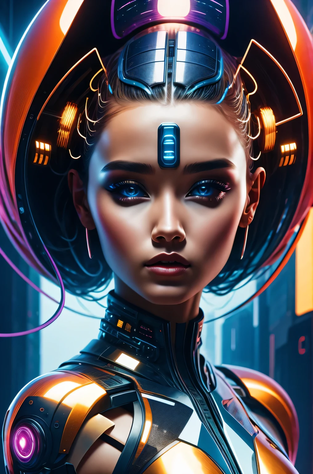 futuristic art girl, (best quality, high resolution, human development report), detailed facial features, intricate hairstyle, Metallic, Shiny surface, dynamic poses, bright colors, Surreal lighting, abstract perspective, (cyberpunk, concept art)