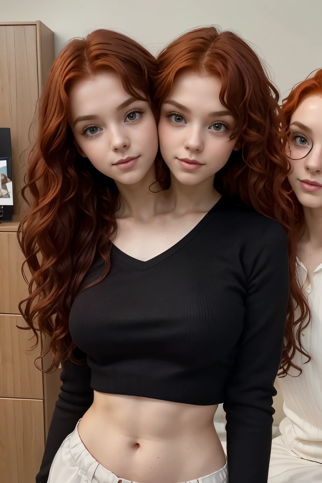 2heads, two headed girl, (one torso:1.5), pale skin, (redhead:1.4), (teenager:1.4), chubby white girls, (two heads on one body:1.4), conjoined twins, heads fused together side by side, one torso, young, uncomfortable, sweatpants, overfilled crop top