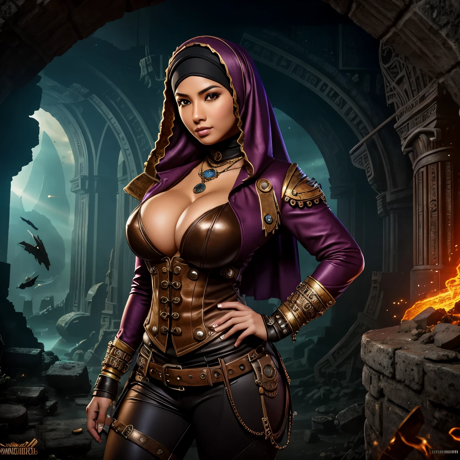 steampunk style, best quality,ultra-detailed,busty Malaysian woman:1.1,energetic,athletic,hijab,huge breasts,small field scientists outfit,investigates a forgotten gateway of time and space, ruins of Atlantis, adventur, danger, seductionportrait,sharp focus,vivid colors,warm color tone,lens flare,studio lighting