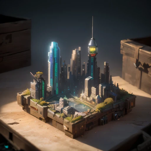 small realistic model, (8k, original photo, best quality, masterpiece:1.4),Steampunk Cyberpunk City,(Cyberpunk light:1.3),on the table,horizon (related to land),(in a small nature box:1.3),Isometric, small nature, landscape on foundation,landscape,