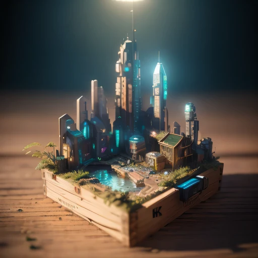 small realistic model, (8k, original photo, best quality, masterpiece:1.4),Steampunk Cyberpunk City,(Cyberpunk light:1.3),on the table,horizon (related to land),(in a small nature box:1.3),Isometric, small nature, landscape on foundation,landscape,