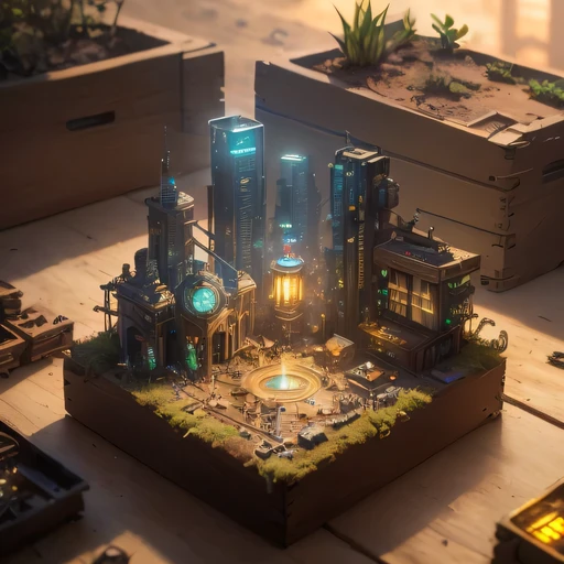 small realistic model, (8k, original photo, best quality, masterpiece:1.4),Steampunk Cyberpunk City,(Cyberpunk light:1.3),on the table,horizon (related to land),(in a small nature box:1.3),Isometric, small nature, landscape on foundation,landscape,