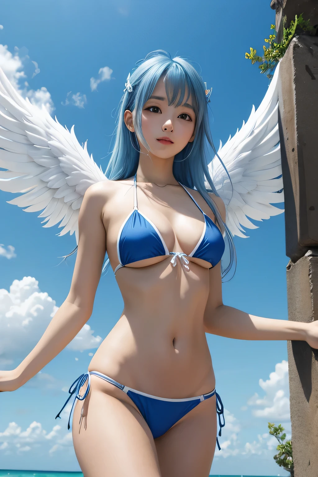 female angel、white angel wings、blue hair、break、Bikini with blue、background is sky