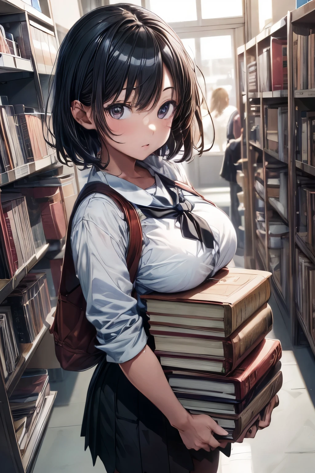 (masterpiece, best quality, highly detailed, ultra detailed, high resolution, absurdres, 4K, 8K:1.2), (official art, incredibly fine illustration, extremely detailed CG, detailed background, professional lighting, dynamic angle, perfect hands, detailed shiny skin, detailed hair, detailed eyes), library, Girl in uniform, serafuku, White shirt, Black skirt, Black short hair, Shiny hair, Shiny skin, carried breast rest
carrying, stack of books