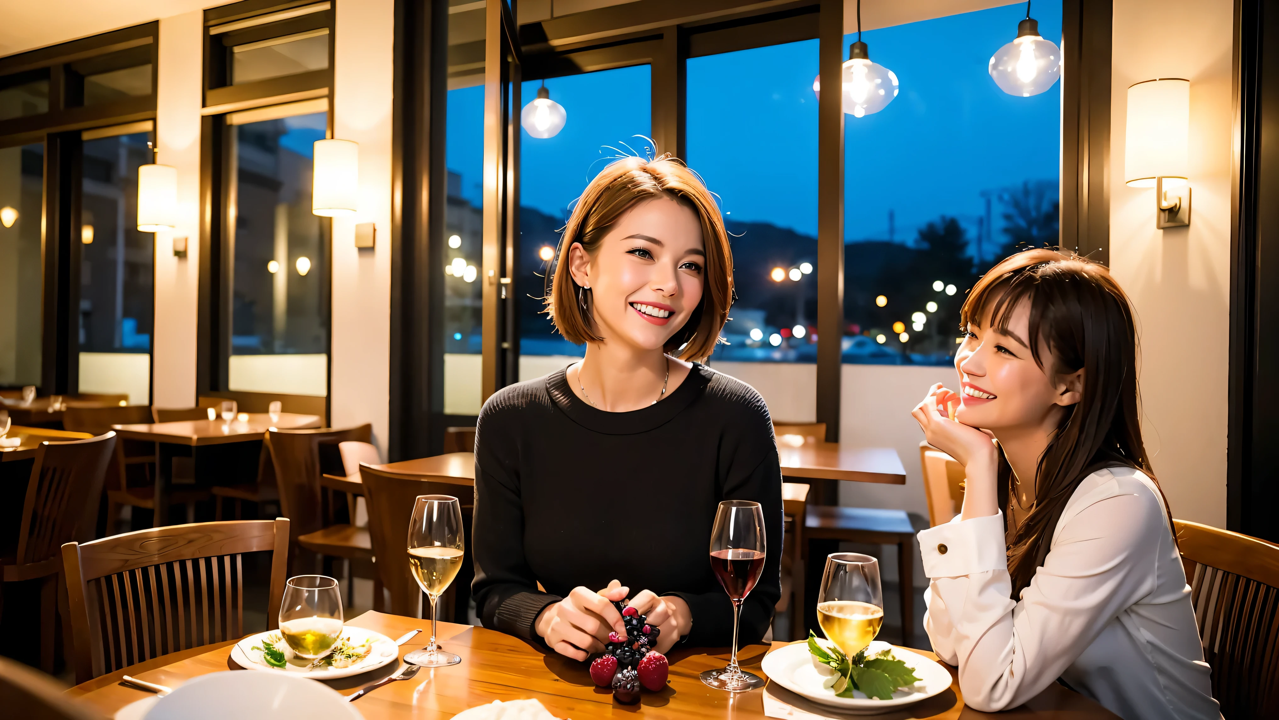 k, UHD, highest quality, masterpiece: 1.2), (realistic, photorealistic: 1.37), Super detailed, celebration pa women who love wine、three men、champagne、Sparkling wine、winter night、restaurantでワイン宴会、(slimな男女4名),(Wine party fpeople)、(slimフェイス),Happy、 最高なsmile、Fox Face、Berry Short、(because I'thin), (brown hair), (shortcut), long sleeve shirt、winter fashion、Japanese、Dutch、German、Portuguese、Belgian、Italian、french, (gush), (slimボティ), (brown hair), (shortcut), Neat beauty、cheeks blush a little, (34 years old), 38 years old, alone, A beautiful and detailed night view spreads out outside the window..., restaurant, wine glassが座っている, At night, in a prominent place (from the Upper body) nova frog style, actress, model, Upper body, White wine, slim, wine glass, very beautiful night view, wine glass Put in the Middle, Happy smile, (smile: 1.15),