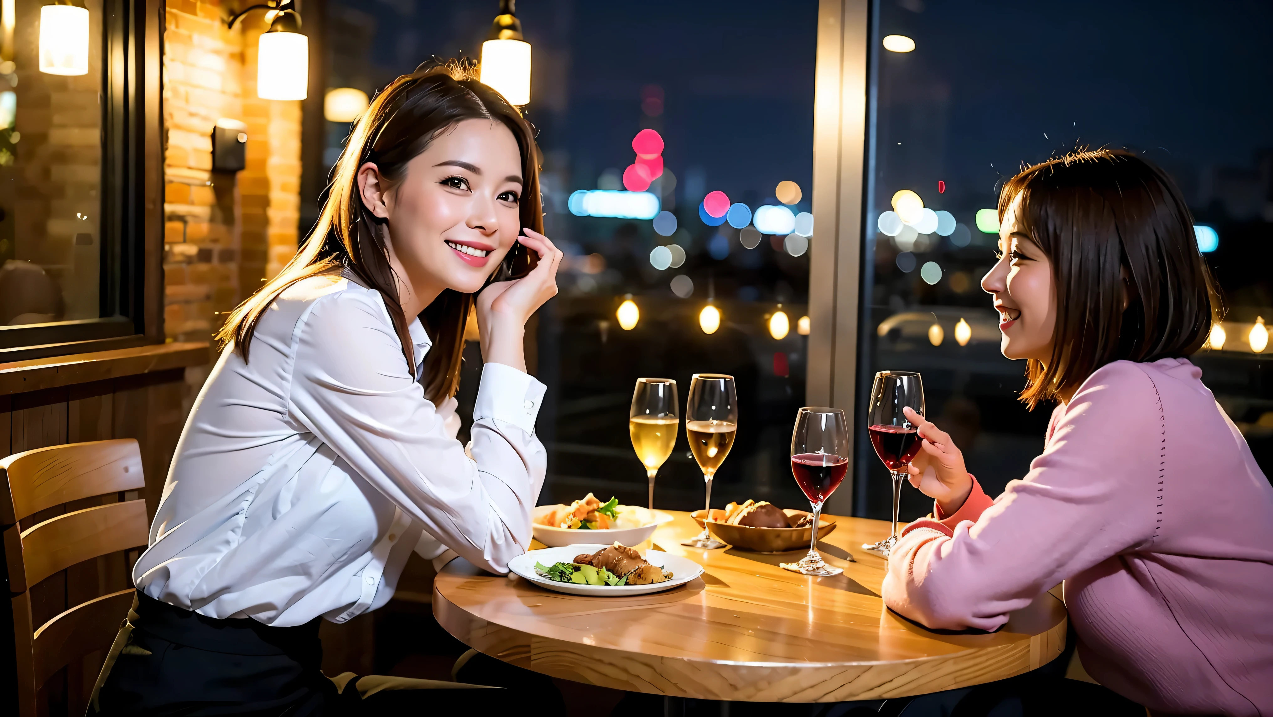 64k, UHD, highest quality, masterpiece: 1.2), (realistic, photorealistic: 1.37), Super detailed, celebration party、3 women who love wine、three men、champagne、Sparkling wine、winter night、restaurantでワイン宴会、(slimな男女4名),(Wine party for 5 people)、(slimフェイス),Happy、 最高なsmile、Fox Face、Berry Short、(because I&#39;thin), (brown hair), (shortcut), long sleeve shirt、winter fashion、Japanese、Dutch、German、Portuguese、Belgian、Italian、french, (gush), (slimボティ), (brown hair), (shortcut), Neat beauty、cheeks blush a little, (34 years old), 38 years old, alone, A beautiful and detailed night view spreads out outside the window..., restaurant, wine glassが座っている, At night, in a prominent place (from the Upper body) nova frog style, actress, model, Upper body, White wine, slim, wine glass, very beautiful night view, wine glass Put in the Middle, Happy smile, (smile: 1.15), 