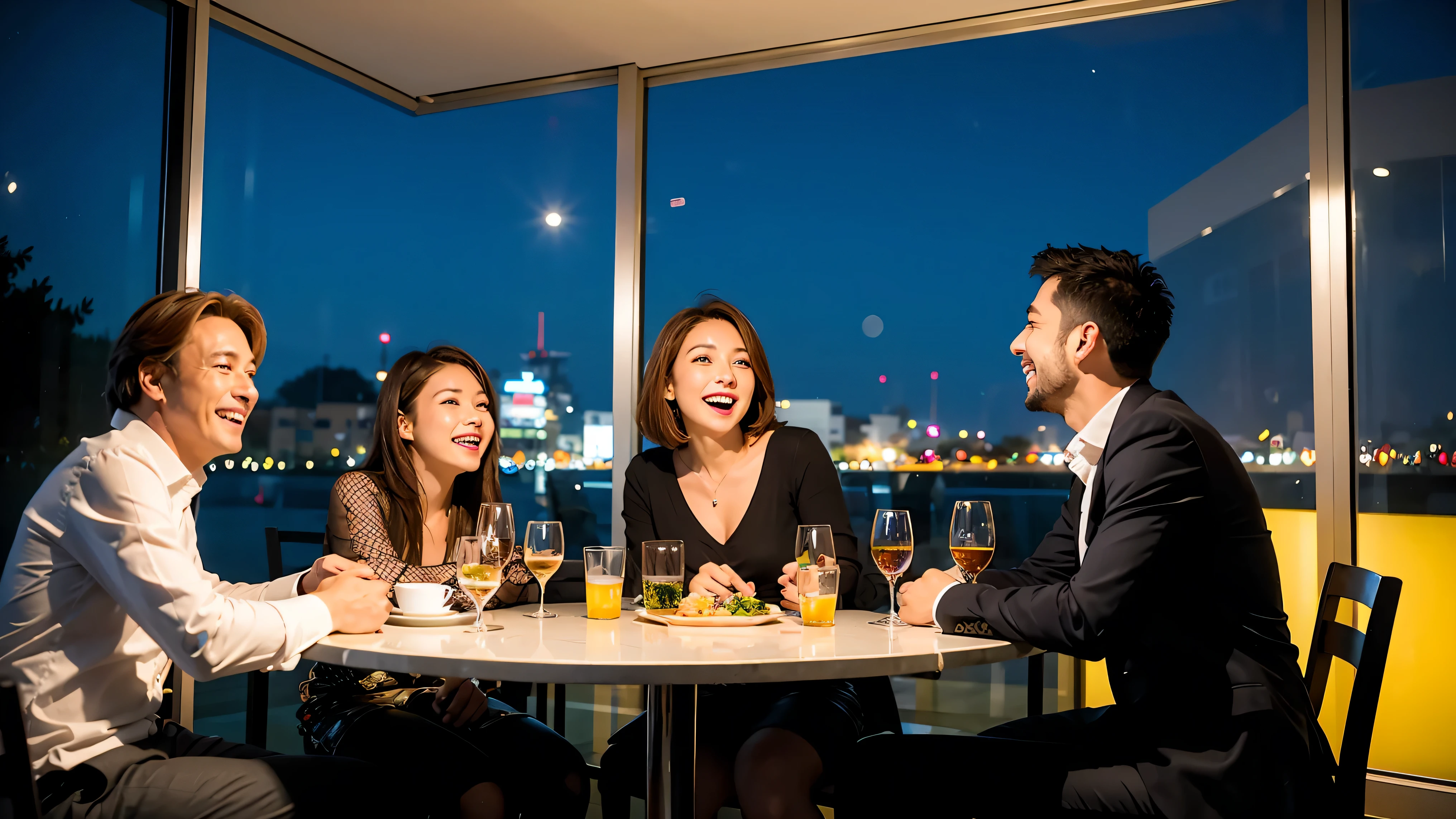 64k, UHD, highest quality, masterpiece: 1.2), (realistic, photorealistic: 1.37), Super detailed, celebration party、3 women who love wine、three men、champagne、Sparkling wine、winter night、restaurantでワイン宴会、(slimな男女4名),(Wine party for 5 people)、(slimフェイス),Happy、 最高なsmile、Fox Face、Berry Short、(because I'thin), (brown hair), (shortcut), long sleeve shirt、winter fashion、Japanese、Dutch、German、Portuguese、Belgian、Italian、french, (gush), (slimボティ), (brown hair), (shortcut), Neat beauty、cheeks blush a little, (34 years old), 38 years old, alone, A beautiful and detailed night view spreads out outside the window..., restaurant, wine glassが座っている, At night, in a prominent place (from the Upper body) nova frog style, actress, model, Upper body, White wine, slim, wine glass, very beautiful night view, wine glass Put in the Middle, Happy smile, (smile: 1.15),