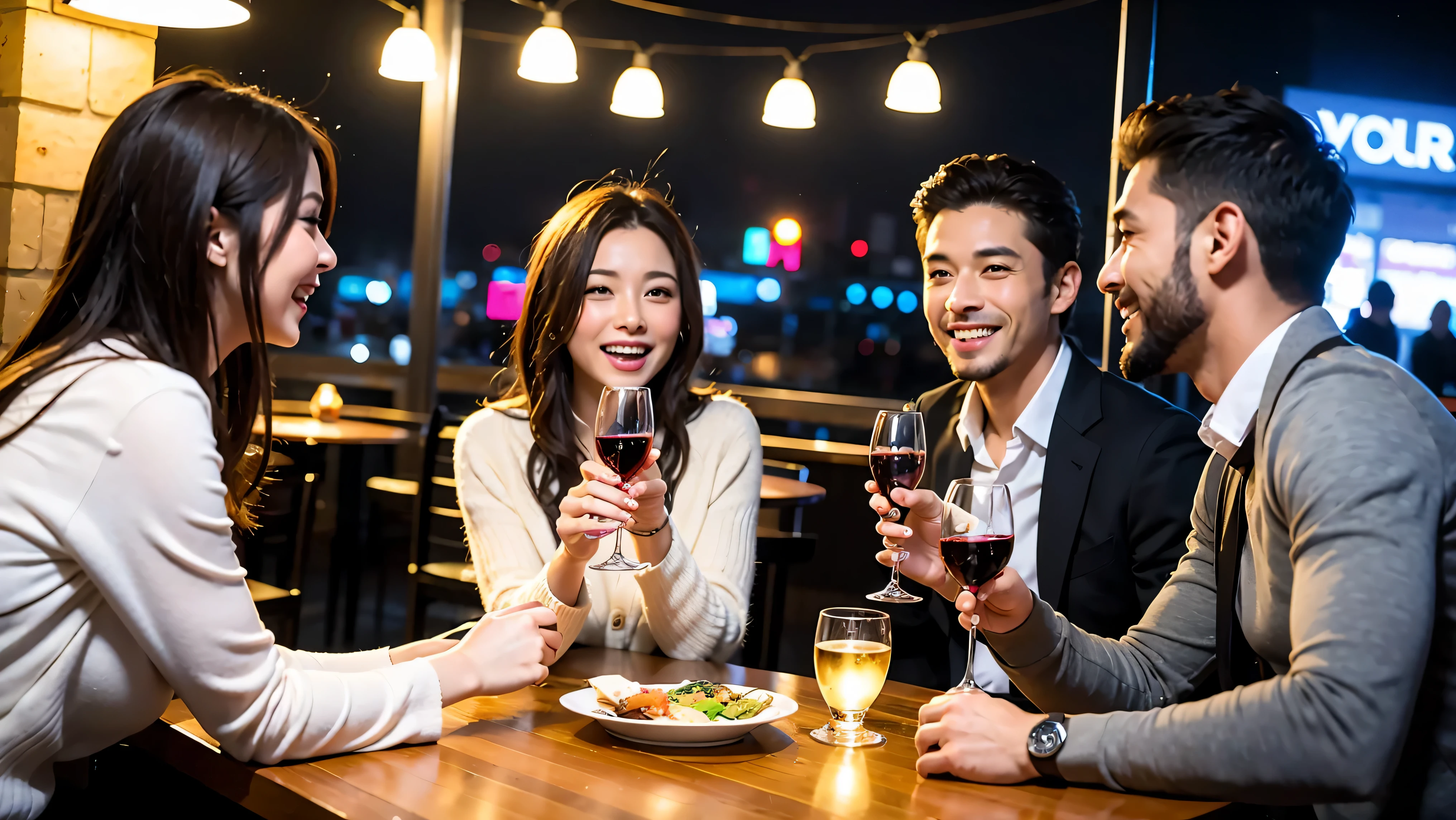 64k, UHD, highest quality, masterpiece: 1.2), (realistic, photorealistic: 1.37), Super detailed, celebration party、3 women who love wine、three men、champagne、Sparkling wine、winter night、restaurantでワイン宴会、(slimな男女4名),(Wine party for 5 people)、(slimフェイス),Happy、 最高なsmile、Fox Face、Berry Short、(because I&#39;thin), (brown hair), (shortcut), long sleeve shirt、winter fashion、Japanese、Dutch、German、Portuguese、Belgian、Italian、french, (gush), (slimボティ), (brown hair), (shortcut), Neat beauty、cheeks blush a little, (34 years old), 38 years old, alone, A beautiful and detailed night view spreads out outside the window..., restaurant, wine glassが座っている, At night, in a prominent place (from the Upper body) nova frog style, actress, model, Upper body, White wine, slim, wine glass, very beautiful night view, wine glass Put in the Middle, Happy smile, (smile: 1.15), 