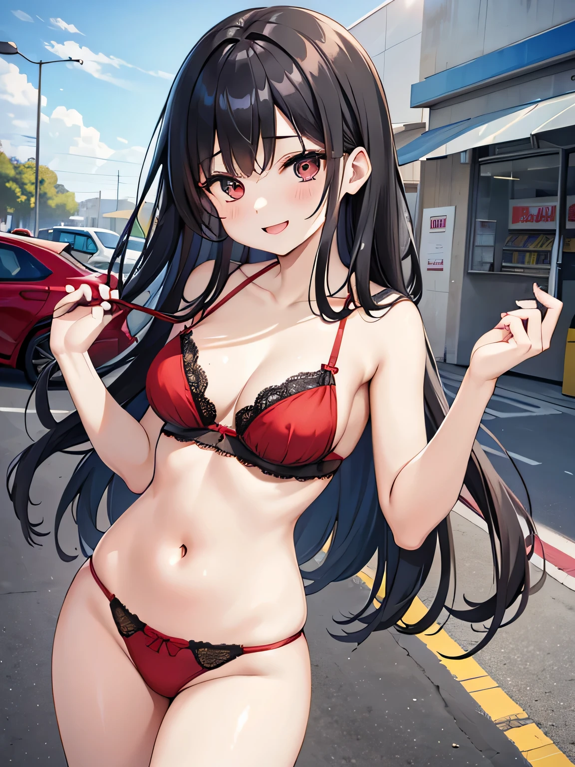 (1) One woman stands wearing a red lace bra and panties。.
(2) she has long black hair.
(3) her face is smiling and laughing.
(4) The location is a convenience store parking lot..