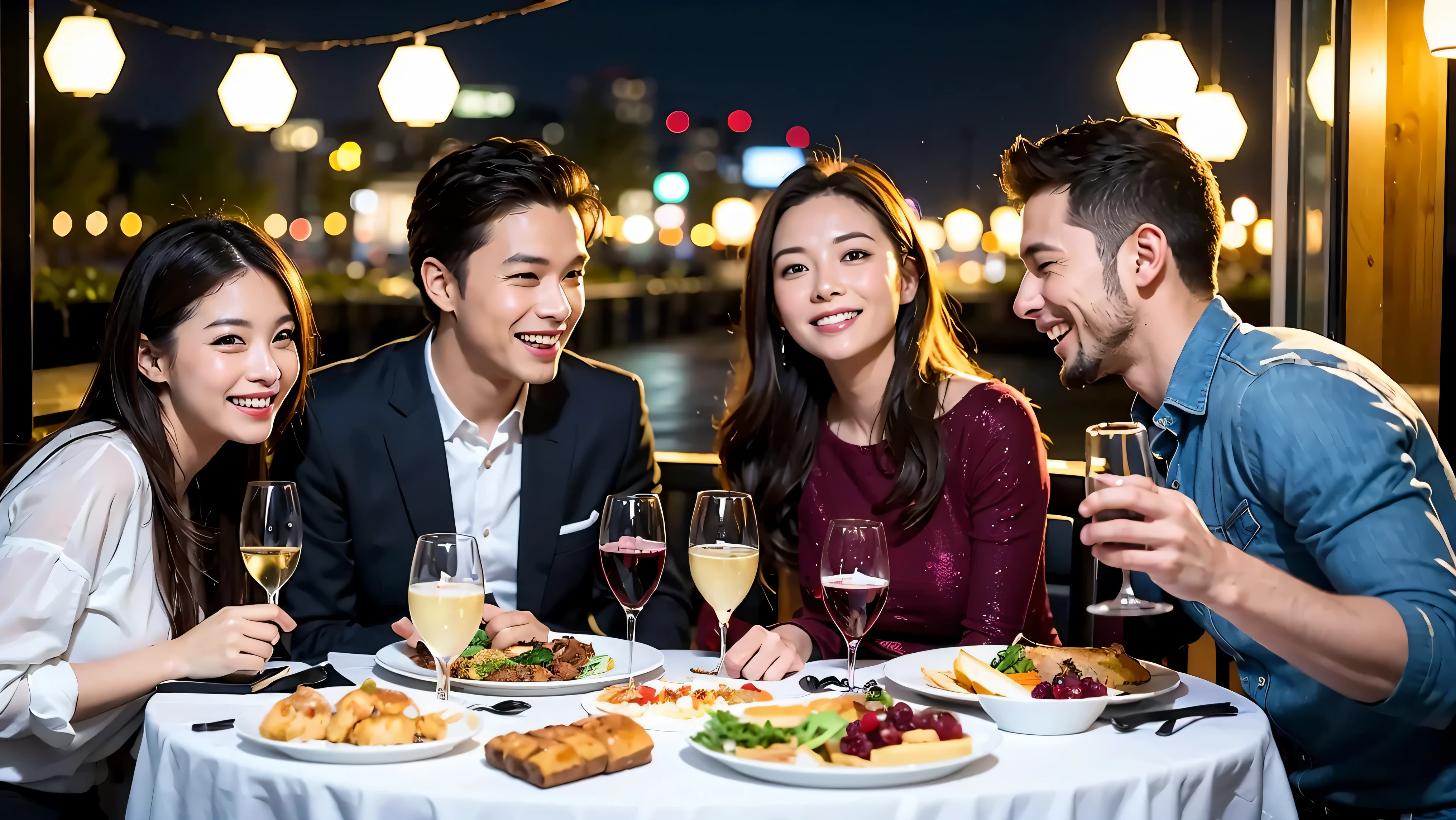 64k, UHD, highest quality, masterpiece: 1.2), (realistic, photorealistic: 1.37), Super detailed, celebration party、3 women who love wine、three men、champagne、Sparkling wine、winter night、restaurantでワイン宴会、(slimな男女4名),(Wine party for 5 people)、(slimフェイス),Happy、 最高なsmile、Fox Face、Berry Short、(because I'thin), (brown hair), (shortcut), long sleeve shirt、winter fashion、Japanese、Dutch、German、Portuguese、Belgian、Italian、french, (gush), (slimボティ), (brown hair), (shortcut), Neat beauty、cheeks blush a little, (34 years old), 38 years old, alone, A beautiful and detailed night view spreads out outside the window..., restaurant, wine glassが座っている, At night, in a prominent place (from the Upper body) nova frog style, actress, model, Upper body, White wine, slim, wine glass, very beautiful night view, wine glass Put in the Middle, Happy smile, (smile: 1.15),