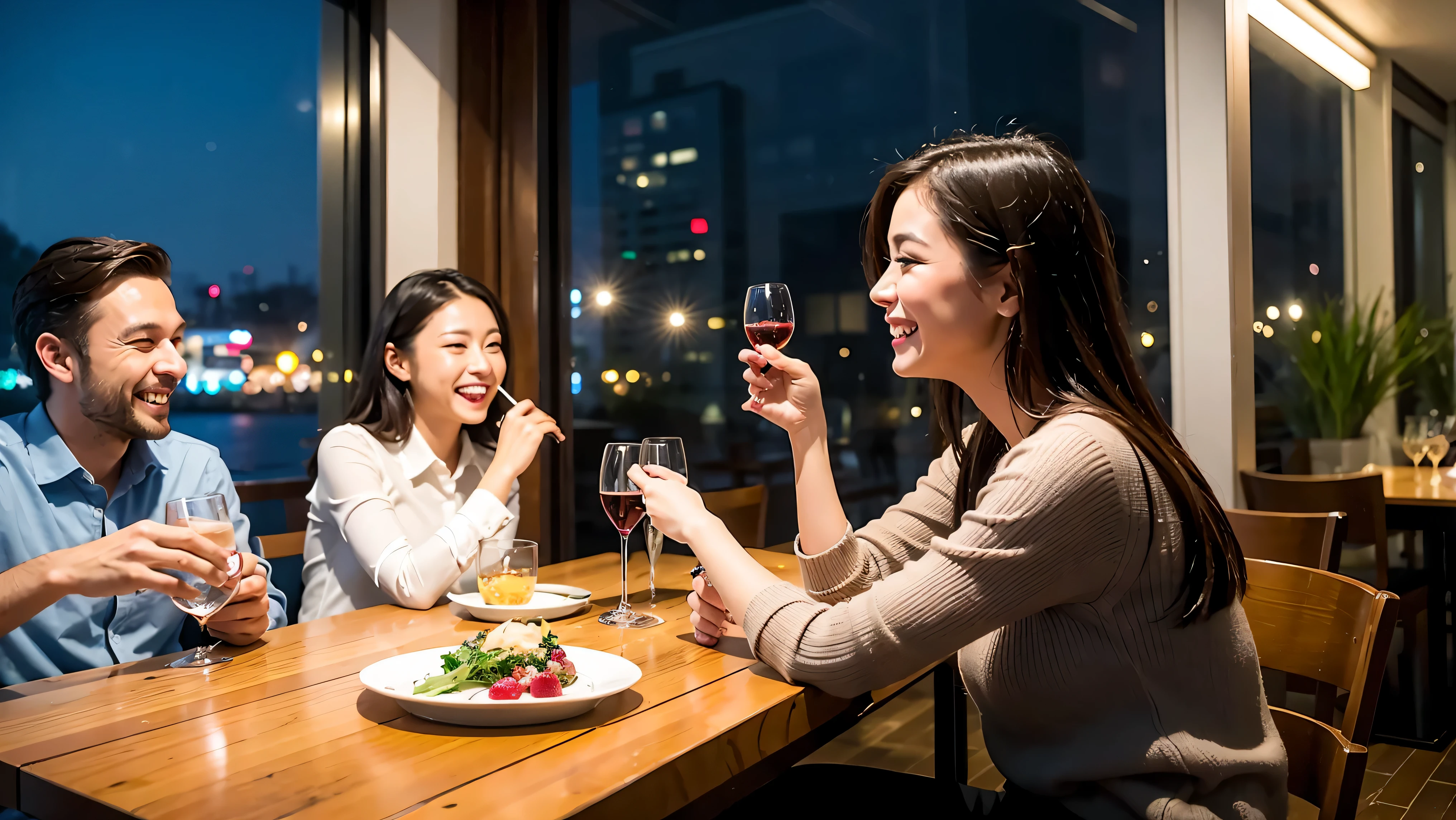 64k, UHD, highest quality, masterpiece: 1.2), (realistic, photorealistic: 1.37), Super detailed, celebration party、3 women who love wine、three men、champagne、Sparkling wine、winter night、restaurantでワイン宴会、(slimな男女4名),(Wine party for 5 people)、(slimフェイス),Happy、 最高なsmile、Fox Face、Berry Short、(because I'thin), (brown hair), (shortcut), long sleeve shirt、winter fashion、Japanese、Dutch、German、Portuguese、Belgian、Italian、french, (gush), (slimボティ), (brown hair), (shortcut), Neat beauty、cheeks blush a little, (34 years old), 38 years old, alone, A beautiful and detailed night view spreads out outside the window..., restaurant, wine glassが座っている, At night, in a prominent place (from the Upper body) nova frog style, actress, model, Upper body, White wine, slim, wine glass, very beautiful night view, wine glass Put in the Middle, Happy smile, (smile: 1.15),