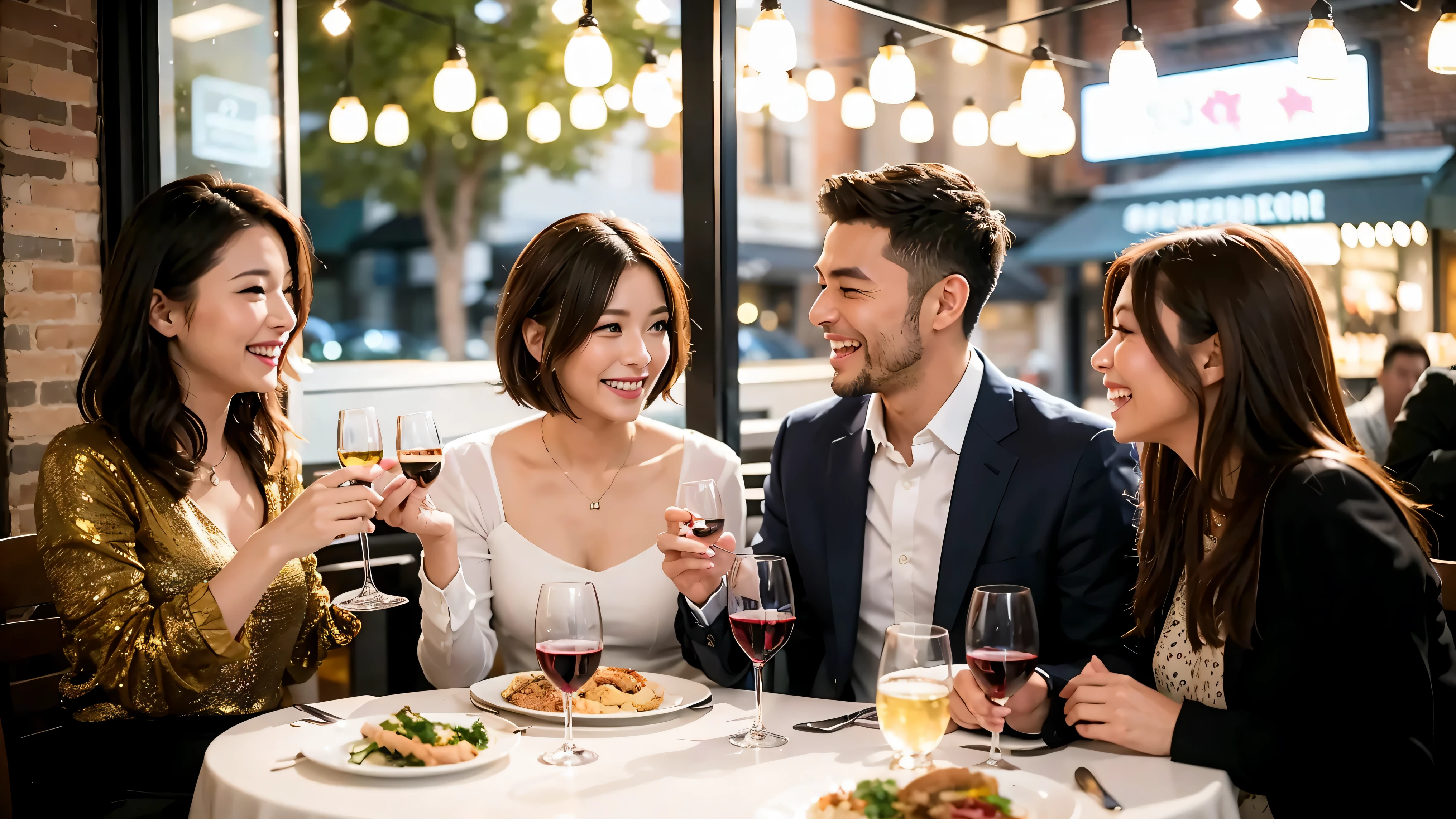 64k, UHD, highest quality, masterpiece: 1.2), (realistic, photorealistic: 1.37), Super detailed, celebration party、3 women who love wine、three men、champagne、Sparkling wine、winter night、restaurantでワイン宴会、(slimな男女4名),(Wine party for 5 people)、(slimフェイス),Happy、 最高なsmile、Fox Face、Berry Short、(because I'thin), (brown hair), (shortcut), long sleeve shirt、winter fashion、Japanese、Dutch、German、Portuguese、Belgian、Italian、french, (gush), (slimボティ), (brown hair), (shortcut), Neat beauty、cheeks blush a little, (34 years old), 38 years old, alone, A beautiful and detailed night view spreads out outside the window..., restaurant, wine glassが座っている, At night, in a prominent place (from the Upper body) nova frog style, actress, model, Upper body, White wine, slim, wine glass, very beautiful night view, wine glass Put in the Middle, Happy smile, (smile: 1.15),