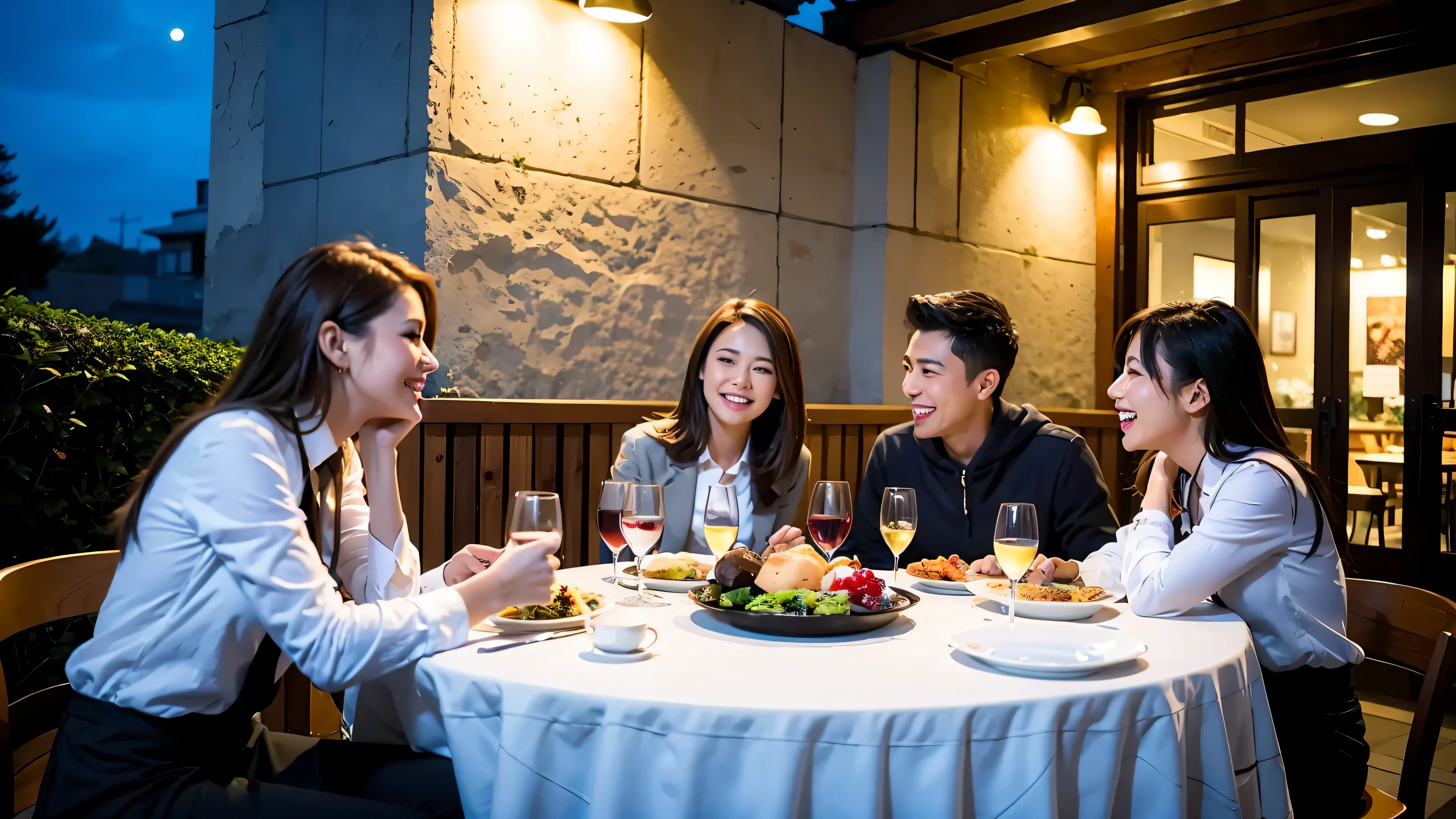 64k, UHD, highest quality, masterpiece: 1.2), (realistic, photorealistic: 1.37), Super detailed, celebration party、3 women who love wine、three men、champagne、Sparkling wine、winter night、restaurantでワイン宴会、(slimな男女4名),(Wine party for 5 people)、(slimフェイス),Happy、 最高なsmile、Fox Face、Berry Short、(because I&#39;thin), (brown hair), (shortcut), long sleeve shirt、winter fashion、Japanese、Dutch、German、Portuguese、Belgian、Italian、french, (gush), (slimボティ), (brown hair), (shortcut), Neat beauty、cheeks blush a little, (34 years old), 38 years old, alone, A beautiful and detailed night view spreads out outside the window..., restaurant, wine glassが座っている, At night, in a prominent place (from the Upper body) nova frog style, actress, model, Upper body, White wine, slim, wine glass, very beautiful night view, wine glass Put in the Middle, Happy smile, (smile: 1.15), 