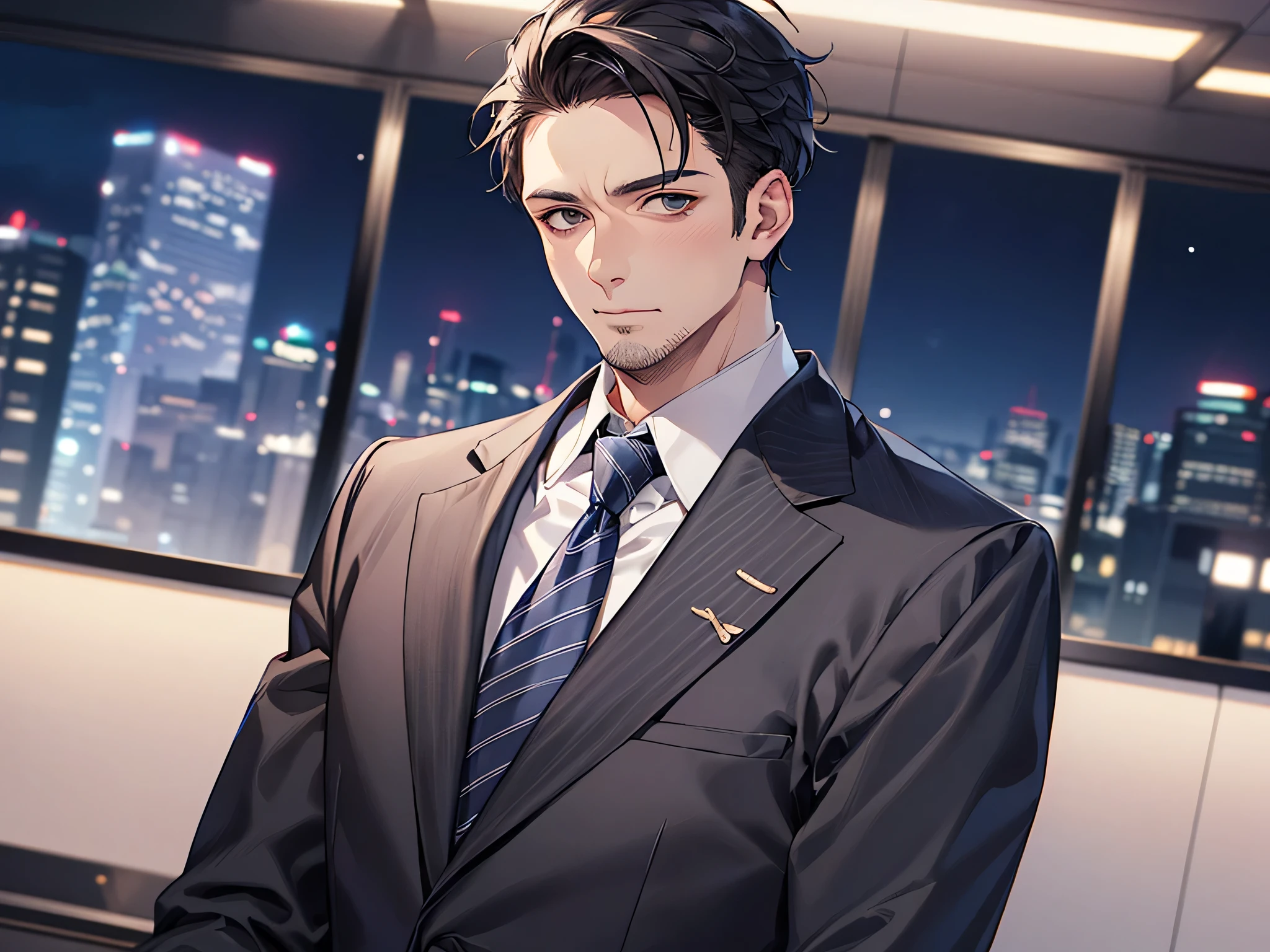 ビューアーにカベドン,((close up)),dramatic angle,masterpiece,(middle aged male),((おじさん)),((40-year-old)),upper body shot, business Suit,tie,1 guy, solo,Black top, short hair,looking at viewer,office,(night)