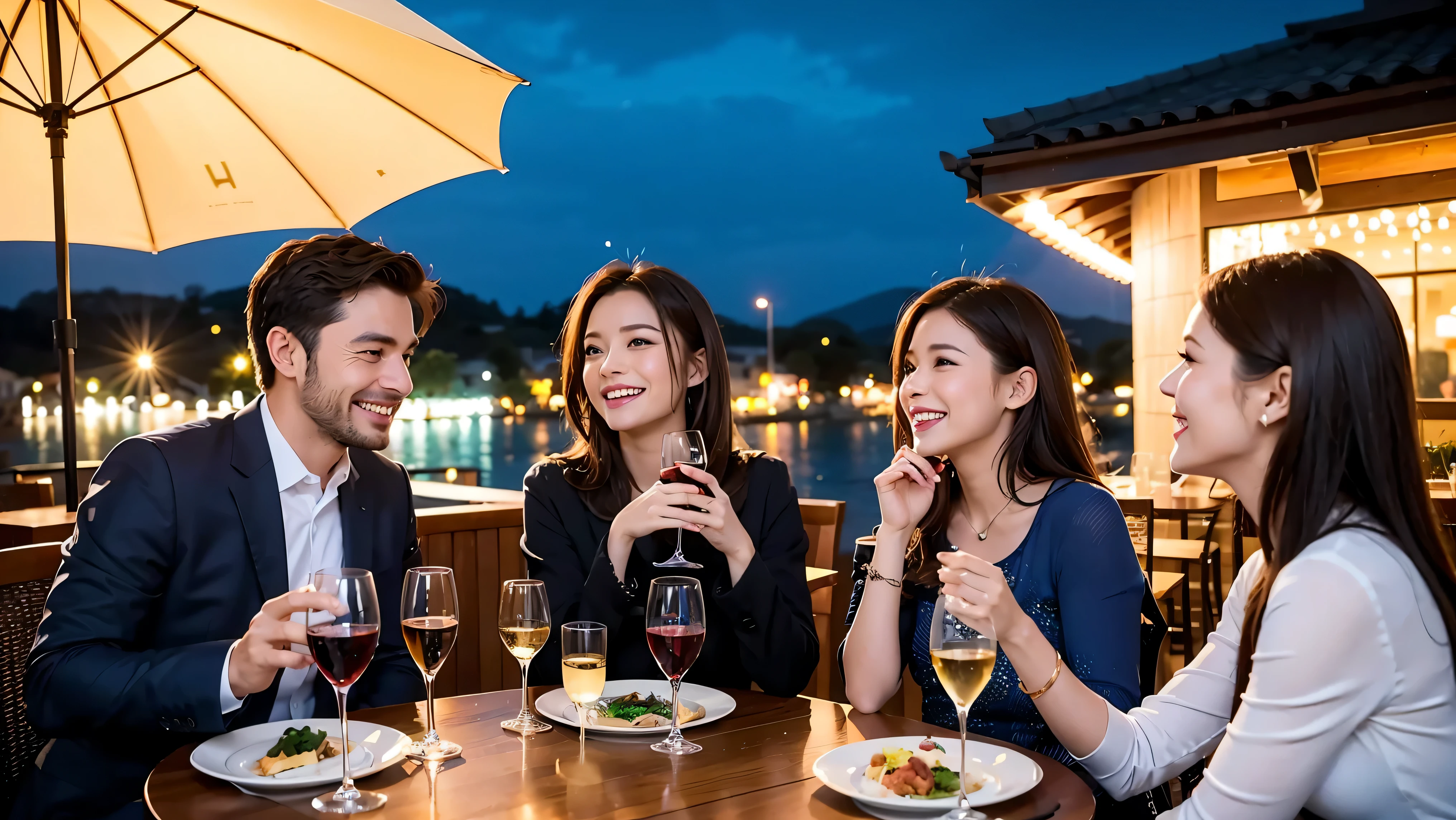 64k, UHD, highest quality, masterpiece: 1.2), (realistic, photorealistic: 1.37), Super detailed, celebration party、3 women who love wine、three men、champagne、Sparkling wine、winter night、restaurantでワイン宴会、(slimな男女4名),(Wine party for 5 people)、(slimフェイス),Happy、 最高なsmile、Fox Face、Berry Short、(because I&#39;thin), (brown hair), (shortcut), long sleeve shirt、winter fashion、Japanese、Dutch、German、Portuguese、Belgian、Italian、french, (gush), (slimボティ), (brown hair), (shortcut), Neat beauty、cheeks blush a little, (34 years old), 38 years old, alone, A beautiful and detailed night view spreads out outside the window..., restaurant, wine glassが座っている, At night, in a prominent place (from the Upper body) nova frog style, actress, model, Upper body, White wine, slim, wine glass, very beautiful night view, wine glass Put in the Middle, Happy smile, (smile: 1.15), 