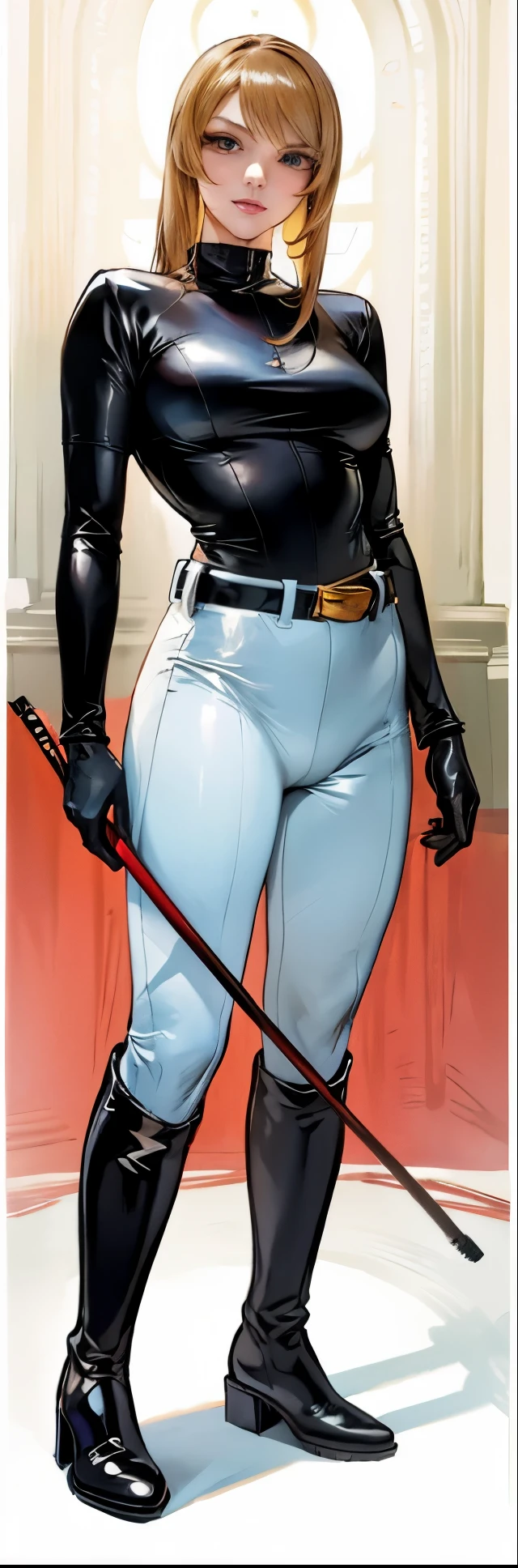 (highest resolution, distinct_image) best quality, a woman, solo, masterpiece, highly detailed, semi realistic, brown hair, bangs, 23 years old, mature, young, tall strong,(plain and simple uniform),( plain minimalist military uniform),(luxury hotel room background:1.2), cold, serious, tall, handsome, autocratic, powerful, demi-god, exquisite facial features, exquisite facial features, (full body)(black knee-high boots:1.4)(dominatrix:1)(white Yoga pants:1.3),(black leather gloves:1.5)(long sleeves:1.2),(black active sportswear cotton shirt),(samus),solo,1girl,(looking at viewer),(from below:1.1)(head turned upwards:0.3)(smiling:0.4)(bodysuit:0.3)(holding riding crop:1.2)(muscular:0.7),(black belt), (shirt tucked in pants),(standing on ground), (marble floor)(mean:0.4)(seductive:0.5)(evil:0.6),detailed,(tall face:0.25)(abs:0.5)(slender:0.3)(bdsm Equipment),zelda,yandere, obsessed,obsessive,staring,smirk,evil