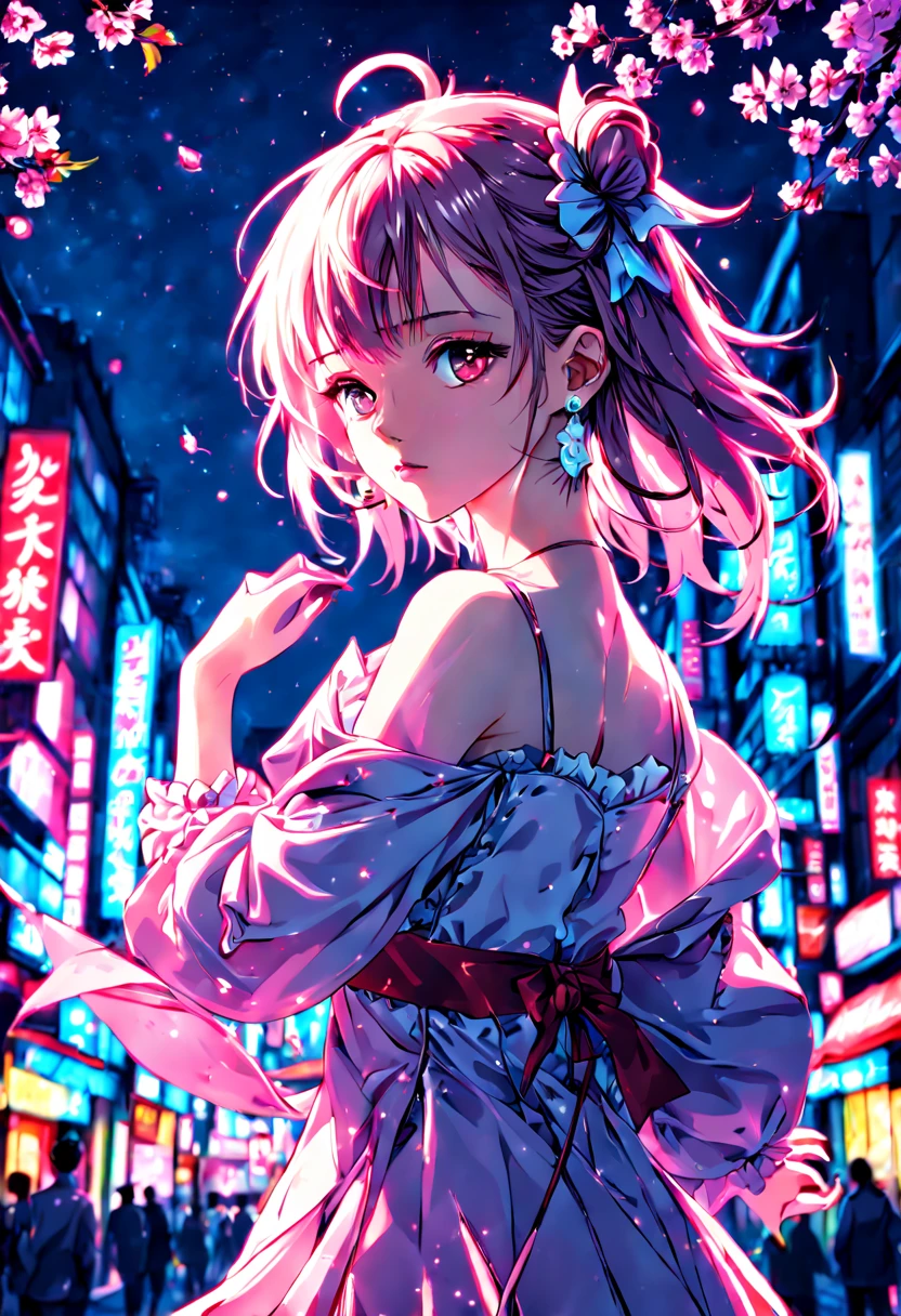 1girl, Magical girl in Tokyo at night, cherry blossoms, neon-lit streets, vibrant colors, dynamic pose, art by CLAMP, (Best quality:1.5, masterpiece:1.5), , (masterpiece), (best quality), (ultra-detailed), illustration, disheveled hair, perfect composition, moist skin, intricate details, earrings