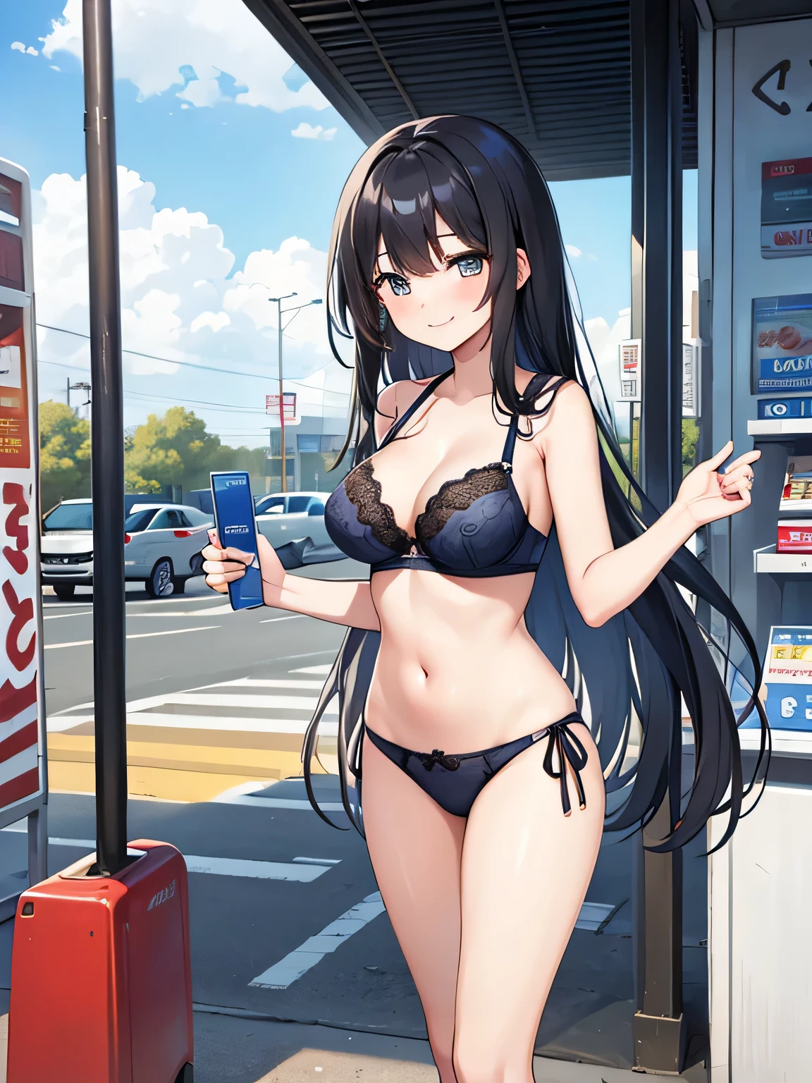 (1) One woman stands wearing a blue lace bra and panties。.
(2) she has long black hair.
(3) her face is smiling and laughing.
(4) The location is a convenience store parking lot..