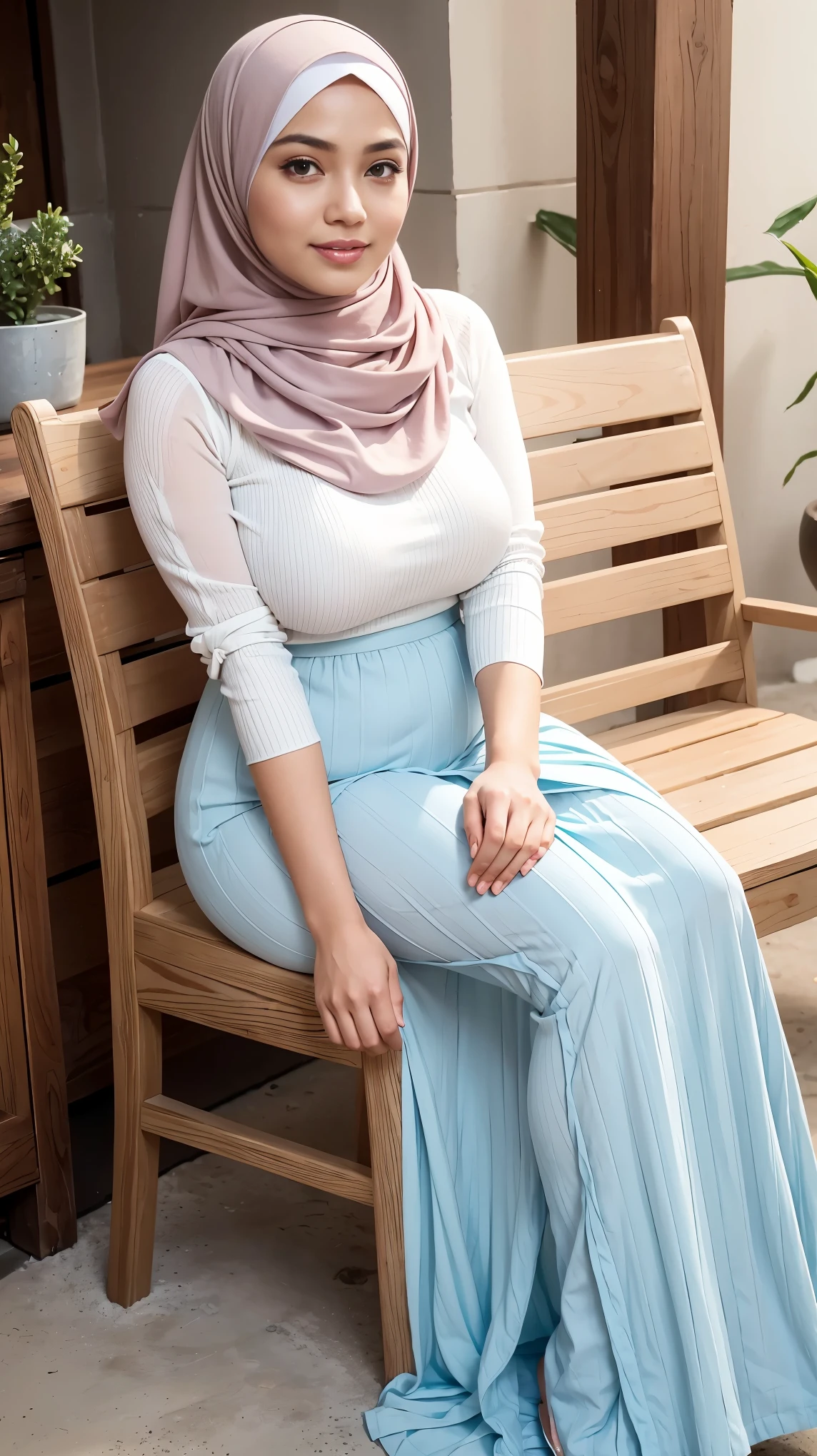 RAW, (Best quality, high resolution, work: 1.3), Beautiful Malay woman in hijab, perfect fit body, Big breasts, Beautiful big eyes, Soft smile, beautiful face, slightly open mouth, thick thighs, beautiful buttocks, , beautiful big eyes , gentle smile, beautiful girl, detailed face, Muslim woman sitting on a chair in a blue sweater and white skirt, long skirt in cute pastel shades, wearing a long flowy fabric, casual pose, wearing casual clothes, very long pleated skirt, wearing casual clothing, white hijab , with a beautiful look Beautiful, perfect lighting, 8k
