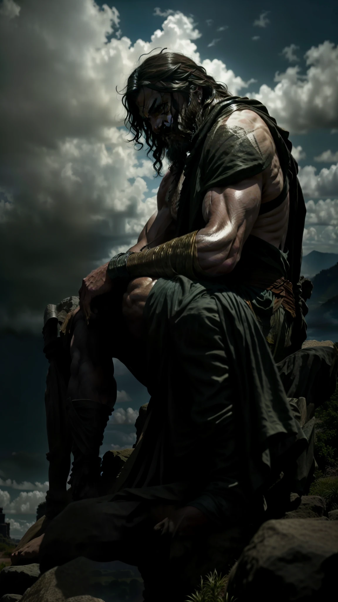 a statue of a man sitting on a rock with a cloudy sky in the background, in screenshot from the 300 movie, jason momoa as assyrian, film still from god of war, square enix cinematic art, from warcraft, henry cavill as a warrior, still from a fantasy movie, henry cavill as a greek god, black rock statue material