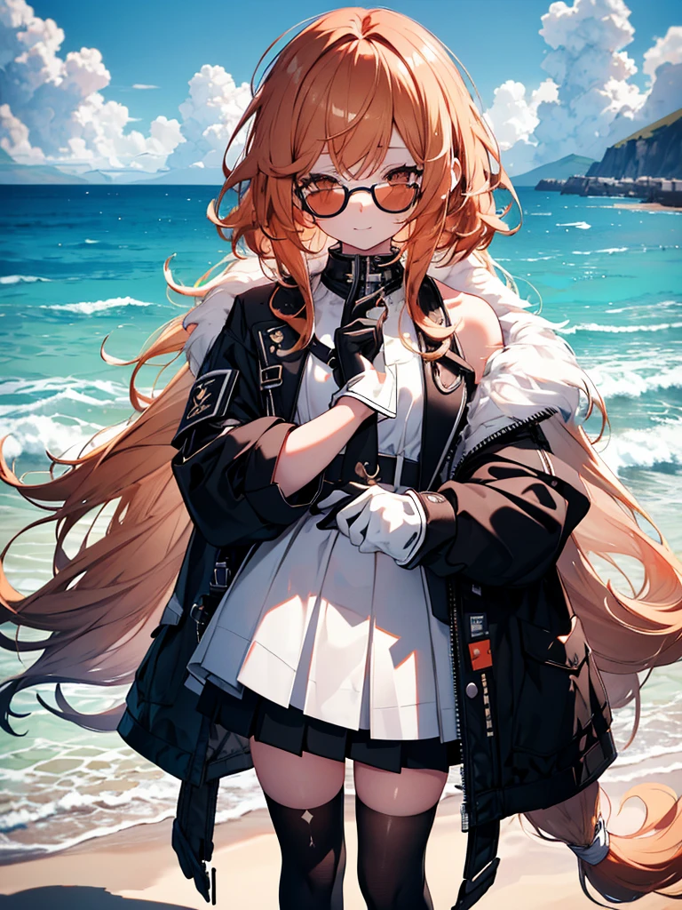 Girl, Ginger Long Fluffy Hair, Sick Eyelashes, Brown eyes, Freckless, Satisfied Face, Slight Smile, Black Sunglasses, White shirt, Short Black skirt, Rocker Gloves, Long black socks, Beach, Swimming, Cinematic Lighting, 8k, Masterpiece, Close to Screen, Tall.