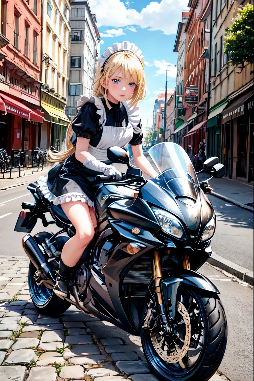 a girl posing on a motorcycle that is on a cobblestone street, 1girl, blonde hair, solo, outdoors, blue eyes, ground vehicle, apron, motorcycle, maid headdress, motor vehicle, dress, day, building, sky, maid, short sleeves, striped, black footwear, frills, cloud, gloves