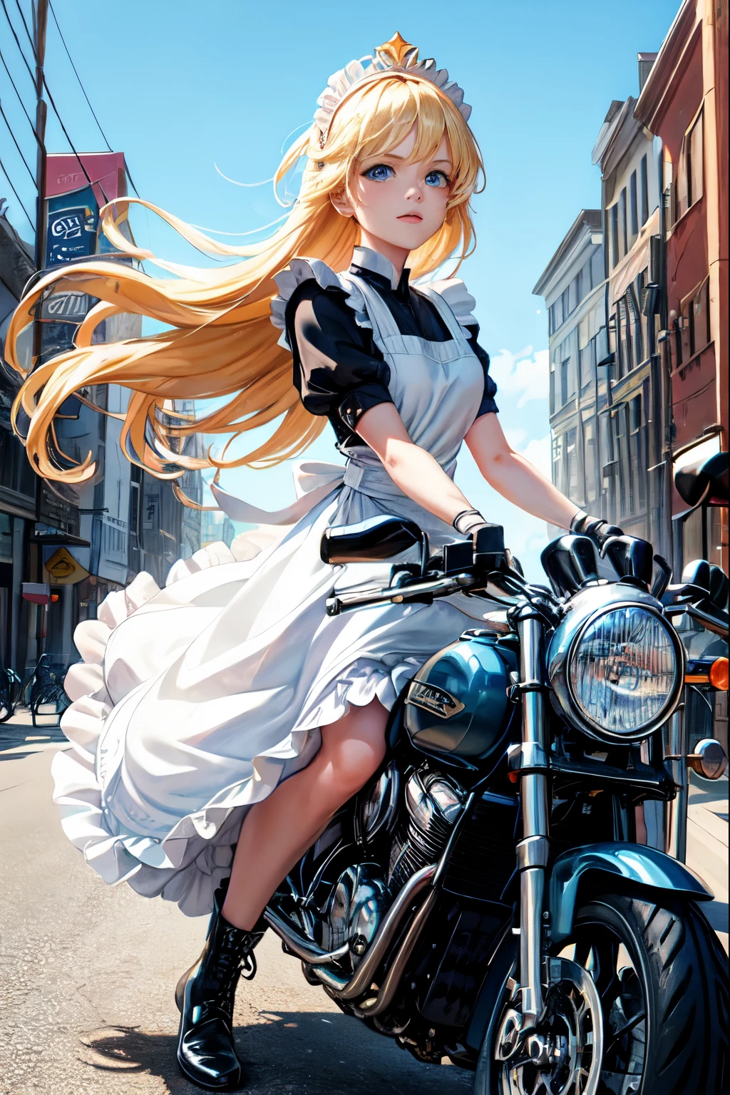 a cartoon drawing of a woman on a motorcycle with a crown, wearing an apron, 1girl, blonde hair, solo, outdoors, blue eyes, ground vehicle, apron, motorcycle, maid headdress, motor vehicle, dress, day, building, sky, maid, short sleeves, striped, black footwear, frills, cloud, gloves