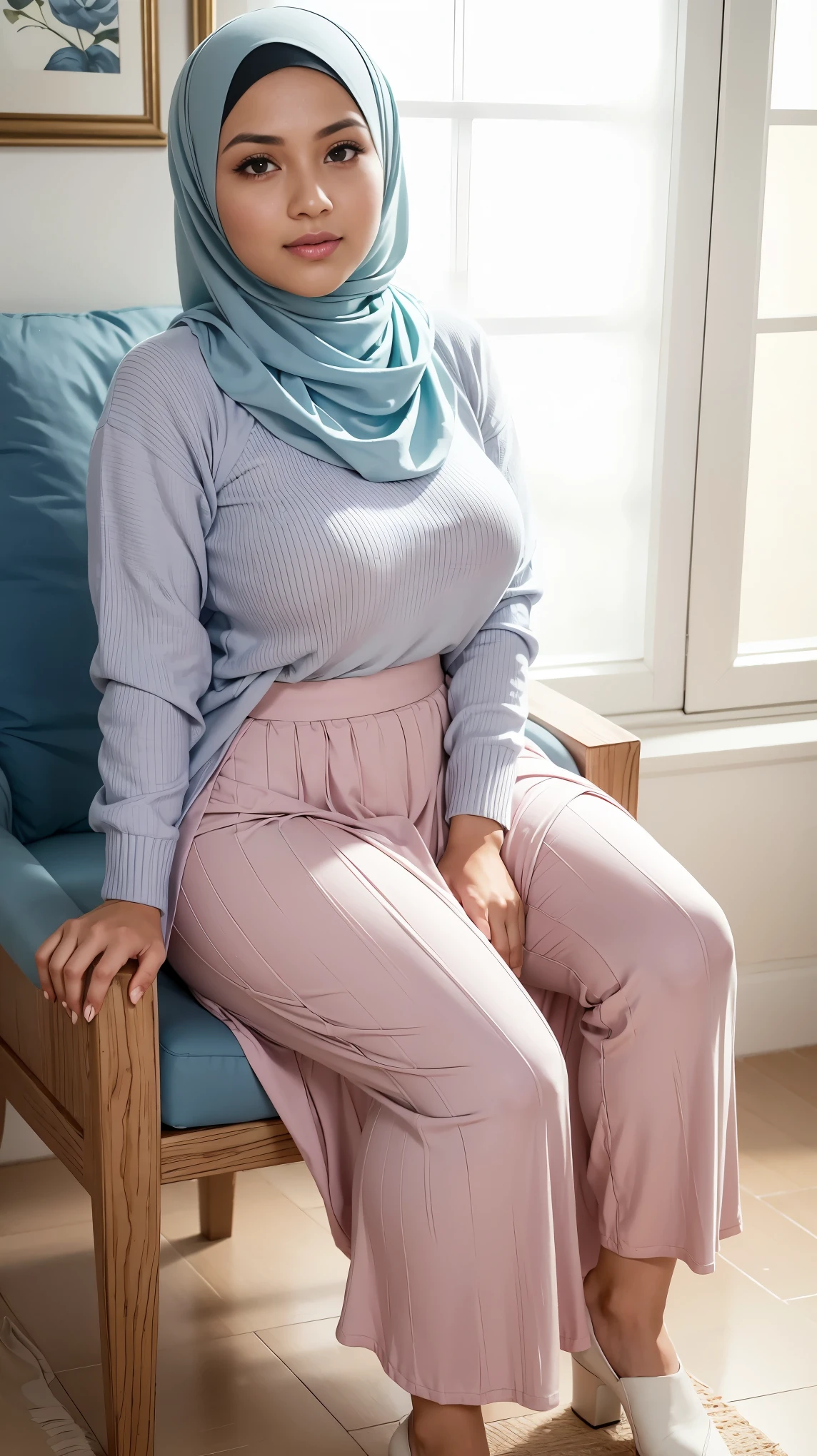 RAW, (Best quality, high resolution, work: 1.3), Beautiful Malay woman in hijab, perfect fit body, Big breasts, Beautiful big eyes, Soft smile, beautiful face, slightly open mouth, thick thighs, beautiful buttocks, , beautiful big eyes , gentle smile, beautiful girl, detailed face, Muslim woman sitting on a chair in a blue sweater and white skirt, long skirt in cute pastel shades, wearing a long flowy fabric, casual pose, wearing casual clothes, very long pleated skirt, wearing casual clothing, white hijab , with a beautiful look Beautiful, perfect lighting, 8k