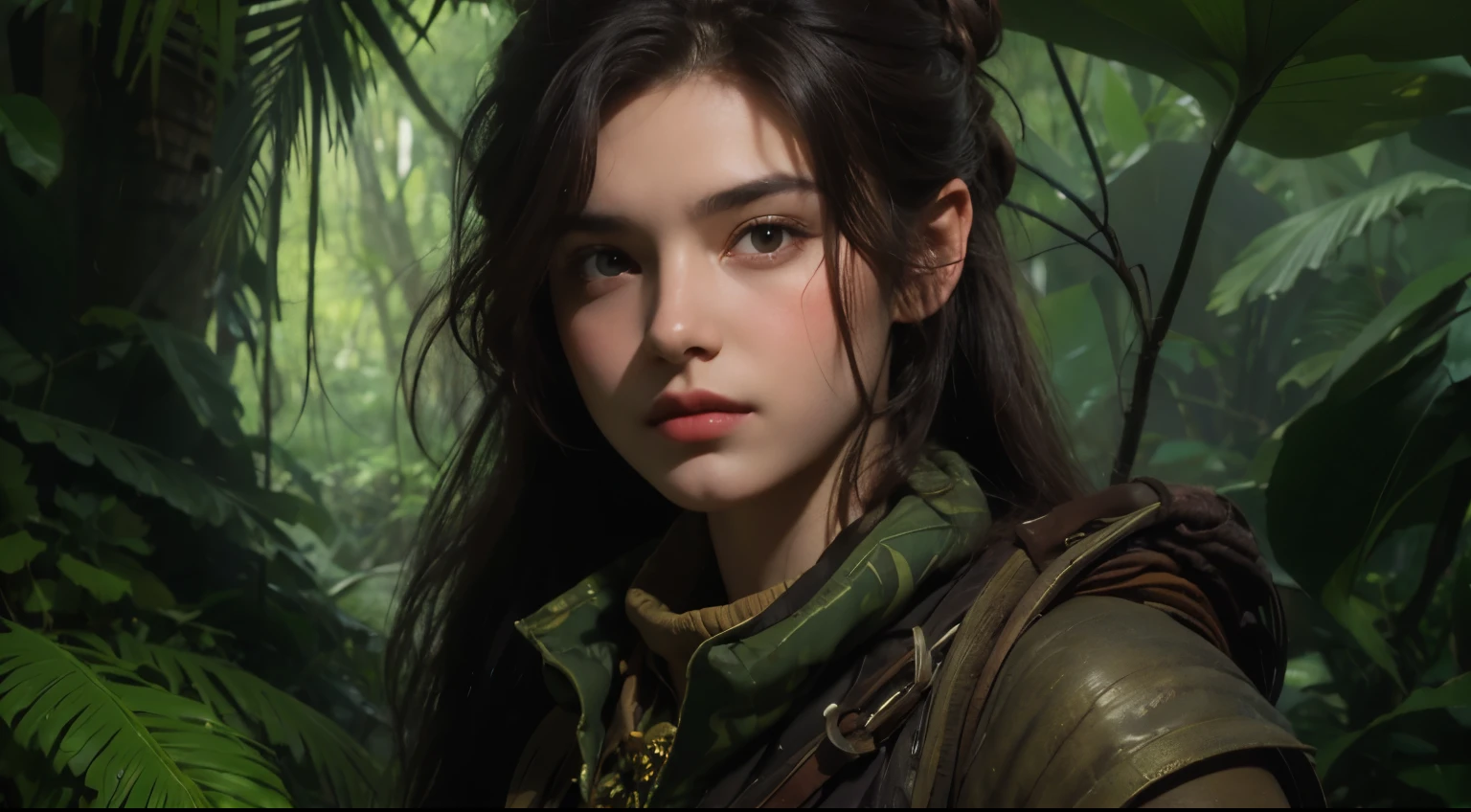 A beautiful woman wearing an adventurer's outfit and looking at the camera with a serious expression. Twenty years old. Dark brown hair. Behind her lies a super ancient civilization buried in the jungle.