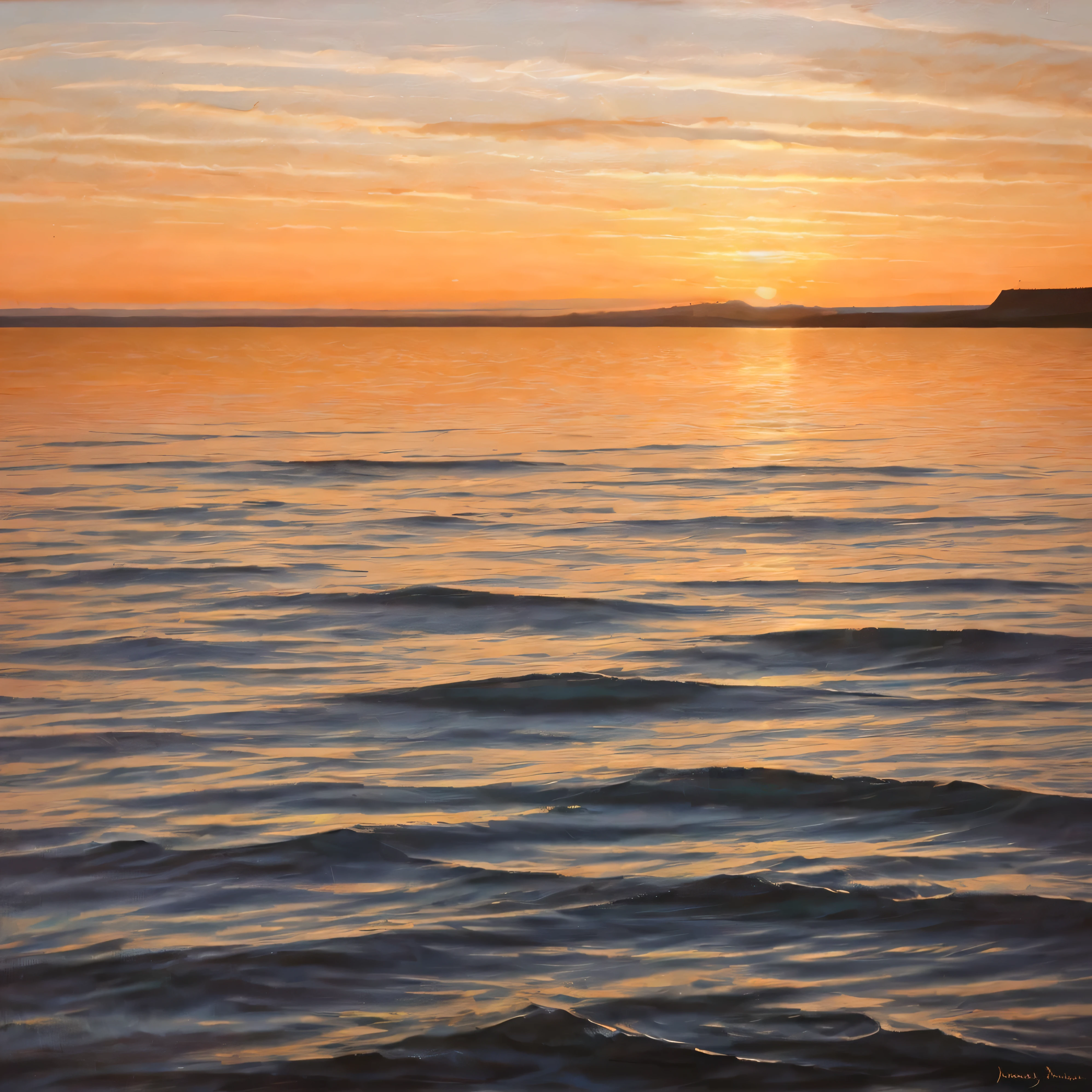 an oil painting of a calm sea with sunset on the horizon such that its reflection is seen in the sea water, calm waves, serene environment, extremely detailed.