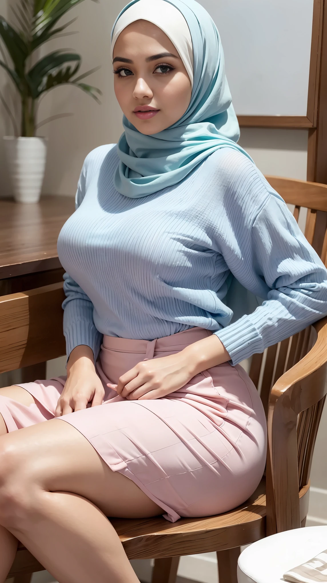 mira filzah seat in bowling alley, wearing tight small sweater in nighttime bowling alley, wearing pastel color platted short skirt, (mira filzah:1.2), wearing hijab, pastel color hijab, small breast, flat chest, small round ass, bright lighting, slim, proportional body length,