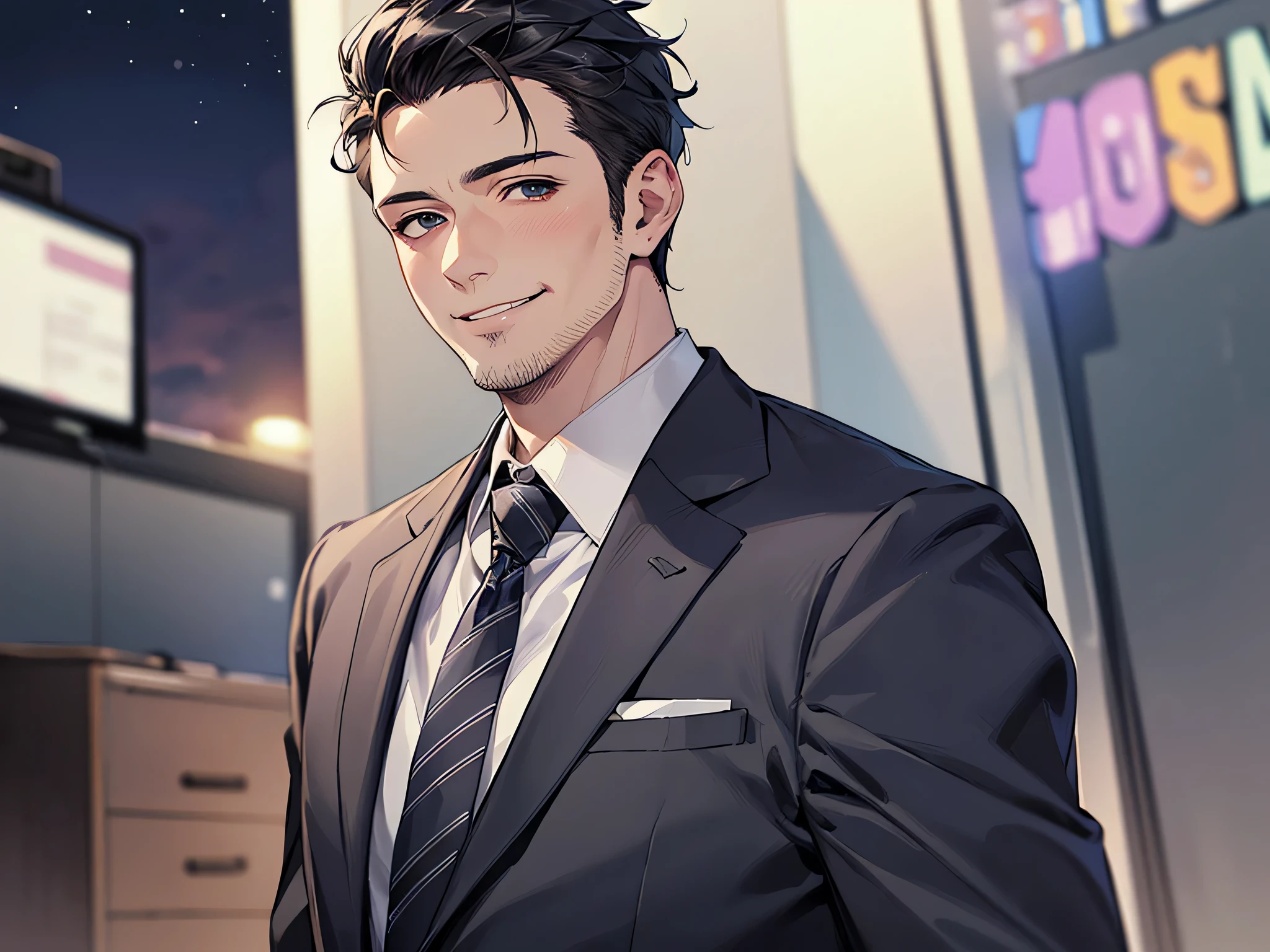ビューアーにカベドン,((close up)),dramatic angle,masterpiece,(middle aged male),((おじさん)),((40-year-old)),upper body shot, smile,business Suit,tie,1 guy, solo,Black top, short hair,looking at viewer,office,(night)