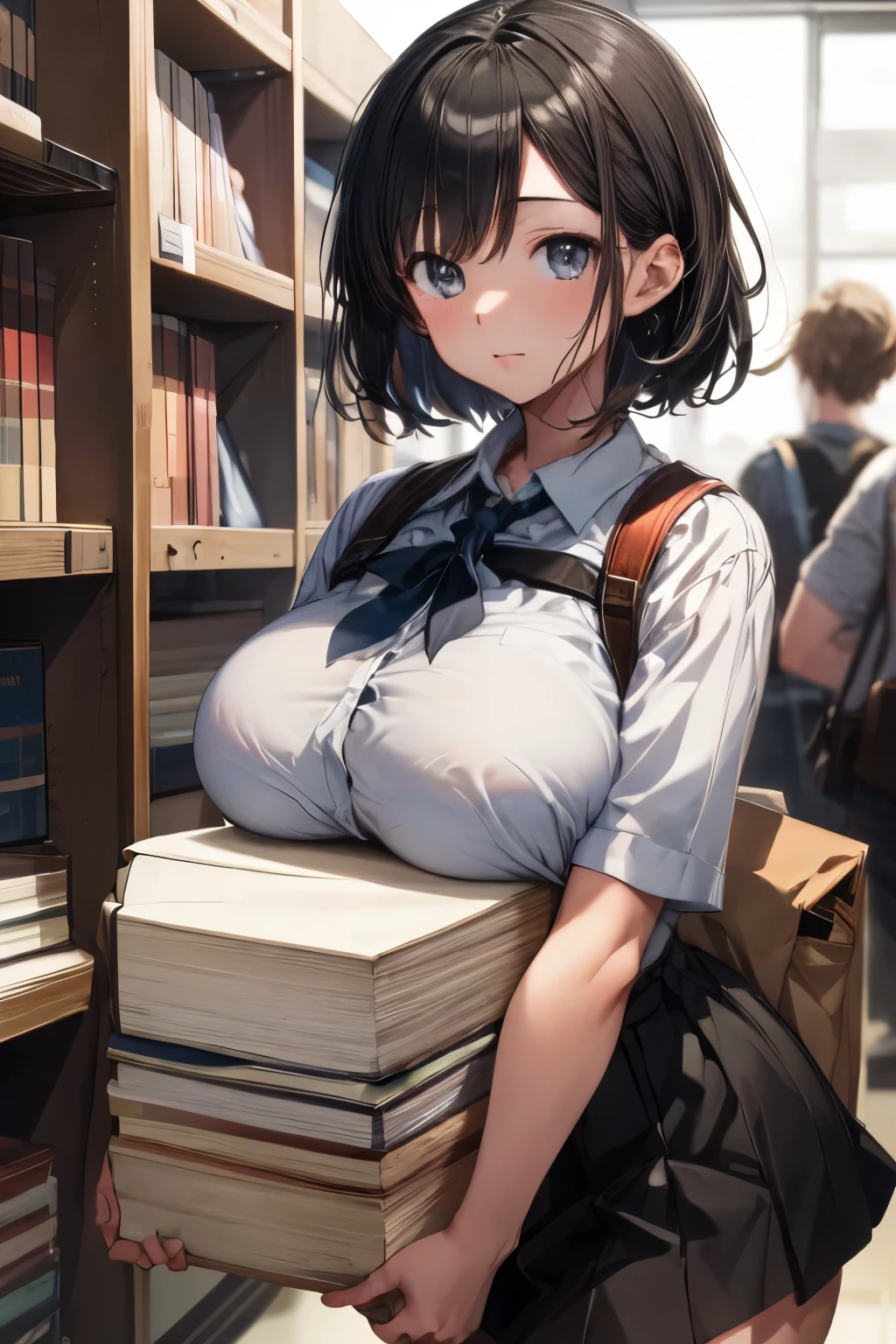 (masterpiece, best quality, highly detailed, ultra detailed, high resolution, absurdres, 4K, 8K:1.2), (official art, incredibly fine illustration, extremely detailed CG, detailed background, professional lighting, dynamic angle, perfect hands, detailed shiny skin, detailed hair, detailed eyes), library, Girl in uniform, serafuku, White shirt, Black skirt, Black short hair, Shiny hair, Shiny skin, carried breast rest
carrying, stack of books, (huge breasts),