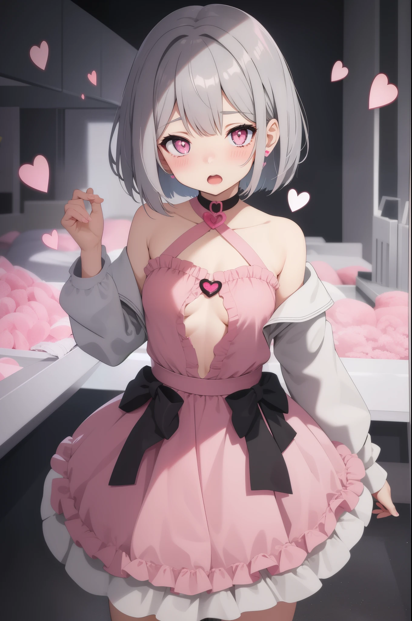 cute anime girl, gray hair, bob cut, pink eyes, hearts, blush, small heart in pupils, open mouth, middle breasts, highres, 