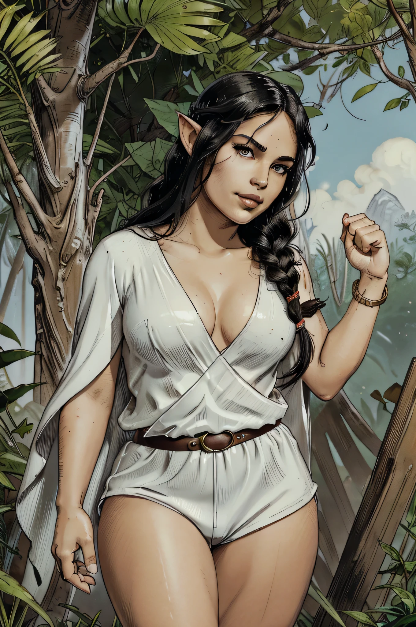 (Latina elf, Priestess's white robe, white short pants, Sandals), dark caramel skin, cruel grin, plump lips, (Black hair, very long and thick braid), Brown eyes, Fitness figure, (detailed portrait, focus on the face), jungle temple, standing pose