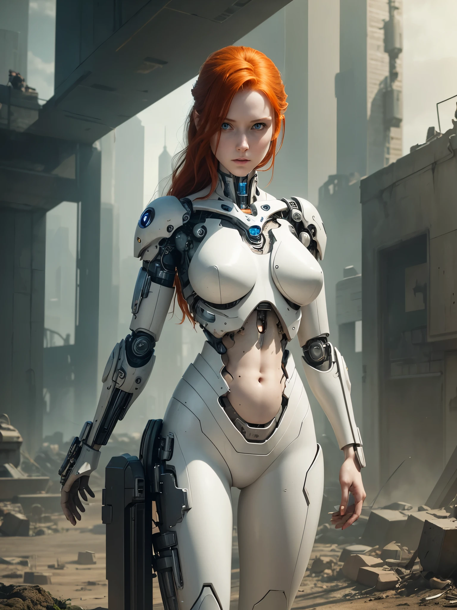 arafed a woman, standing alone, daylight, detail realistic, porcelain skin, very pale skin, very beautiful, redhead woman, many mechanical body organs, expose chest and belly, hands and legs are cyborg, mystical post apocalyptic cyborg, dystopian sci-fi surrounding, torso and belly seen