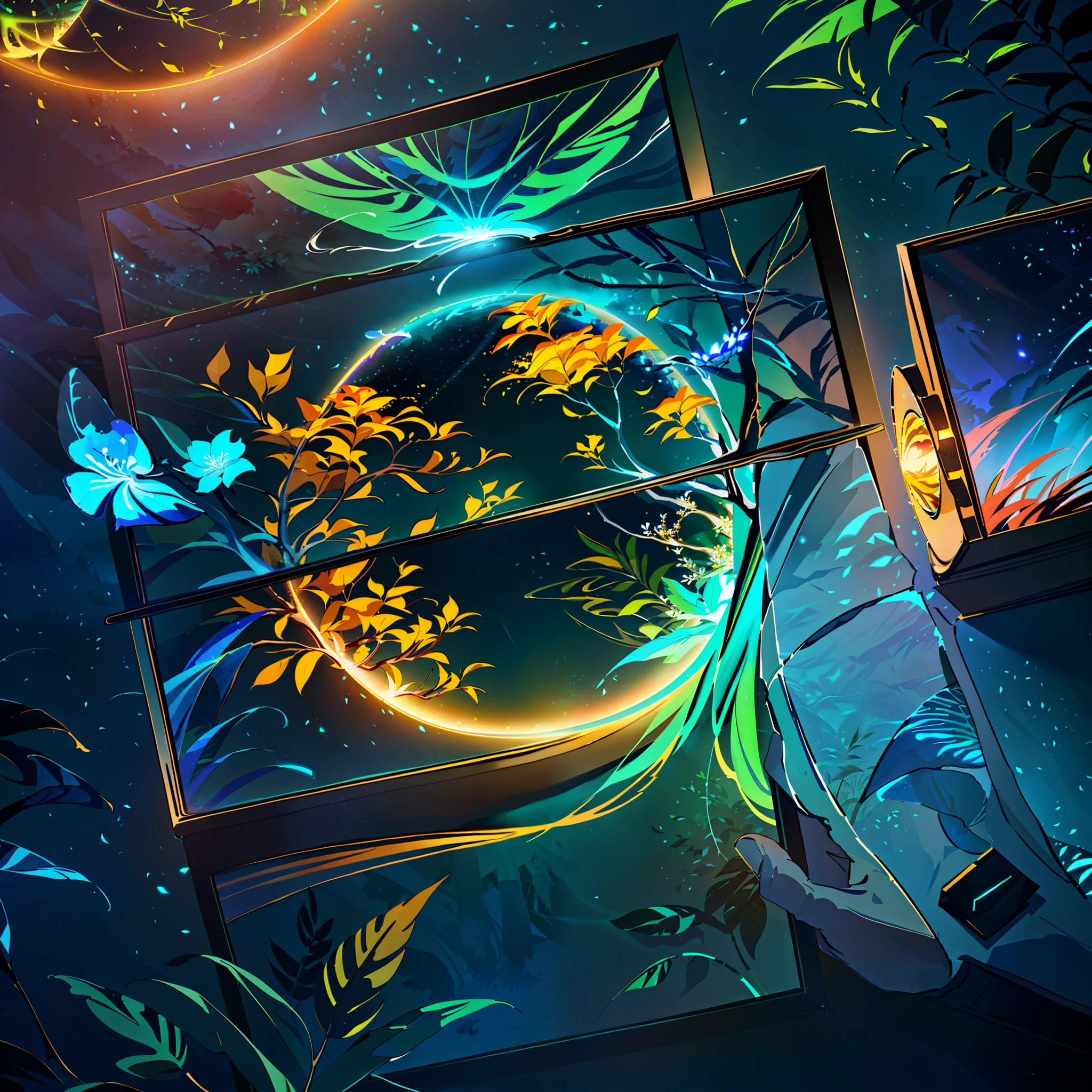 Masterpiece, best quality, (extremely fine CG unity 8k wallpaper), (best quality), (best illustration), (best shadow), the UI interface frame design adopts the natural elements of the jungle theme. The avatar frame is designed in a circle, surrounded by delicate leaves and branches, as well as fireflies and glowing particle effects, (UI interface frame design), (natural elements), (jungle theme), (circle), (leaves), (Branch), (Firefly), (Glow), (Particle Effect). , isometric 3d, octane rendering, ray tracing, ultra detailed