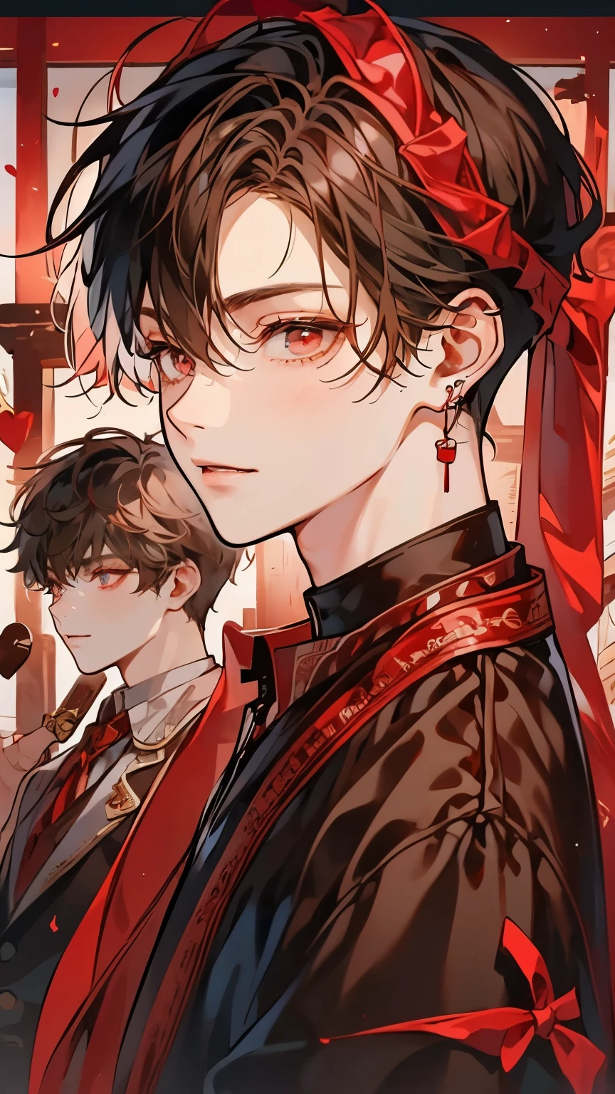((2 boys)), Upper body shot,perfect face, beautiful face, highly detailed face,(brown haired boy:1.3),(red eyes:1.3),chocolate,Valentine,ribbon,heart,Light,smile,long eyelashes,頬にheartマーク,溶けたchocolate,Covered in chocolate