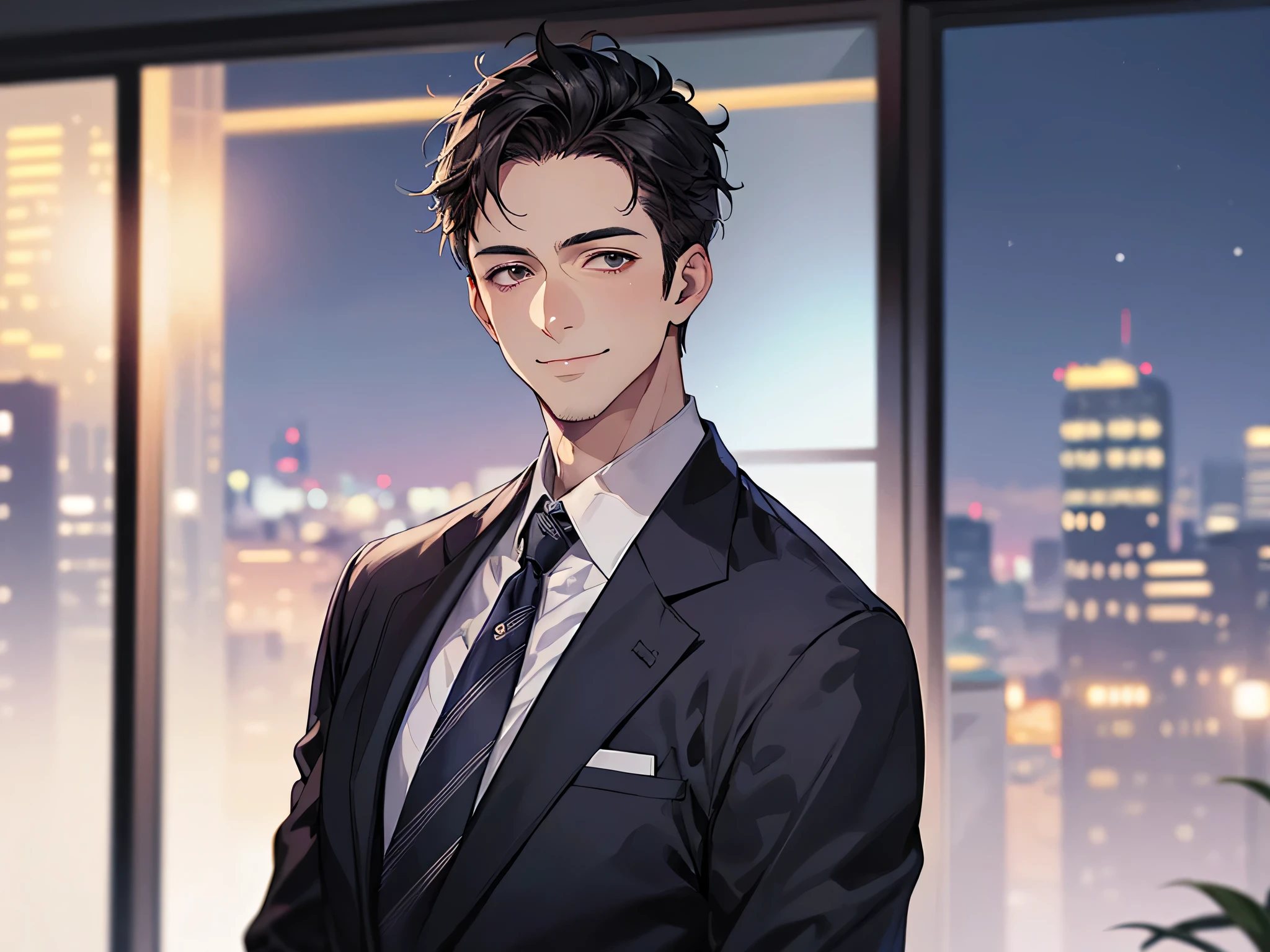 ビューアーにカベドン,((close up)),dramatic angle,masterpiece,(middle aged male),((おじさん)),((40-year-old)),upper body shot, smile,business Suit,tie,1 guy, solo,Black top, short hair,looking at viewer,office,(night)