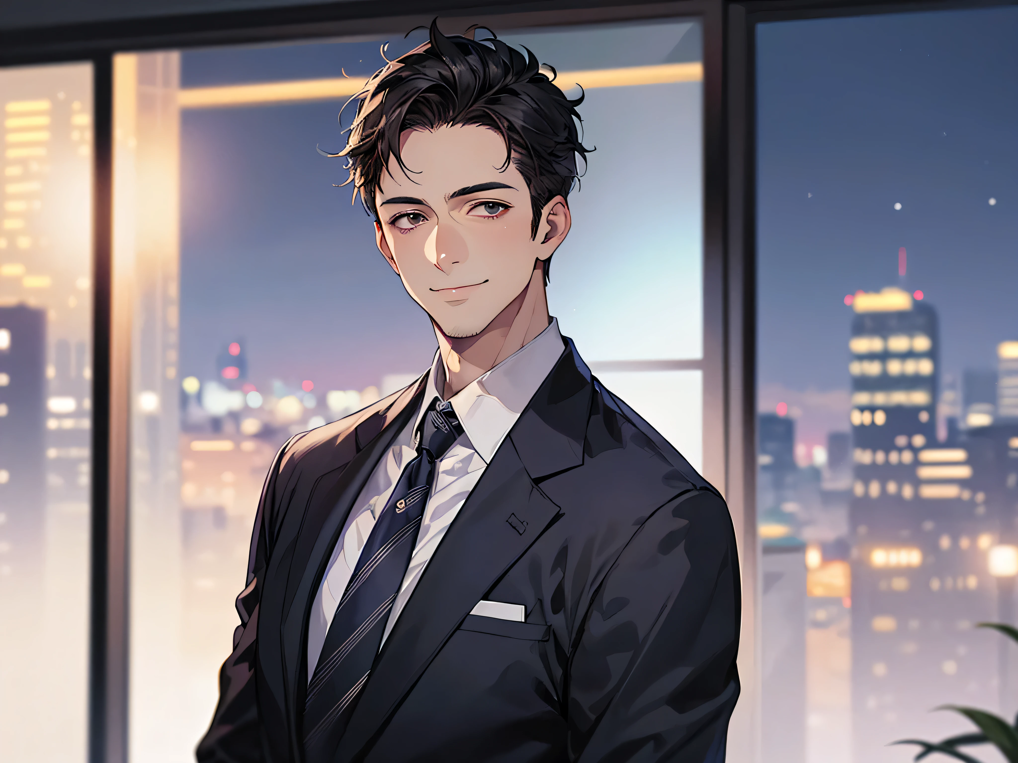 ビューアーにカベドン,((close up)),dramatic angle,masterpiece,(middle aged male),((おじさん)),((40-year-old)),upper body shot, smile,business Suit,tie,1 guy, solo,Black top, short hair,looking at viewer,office,(night)